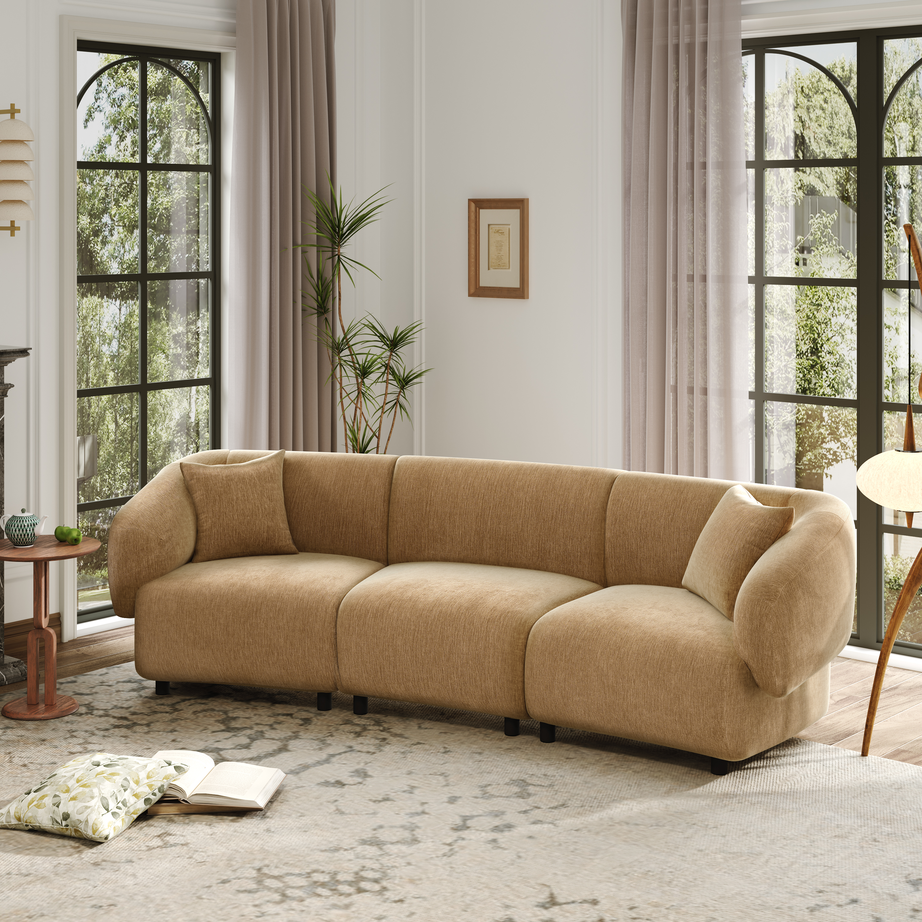 98.5 " Curved Designed Contemporary 3-Seater Sofa in Mocha: Plush Seating, Streamlined Design, and Durable Frame – Ideal for Stylish Living Spaces