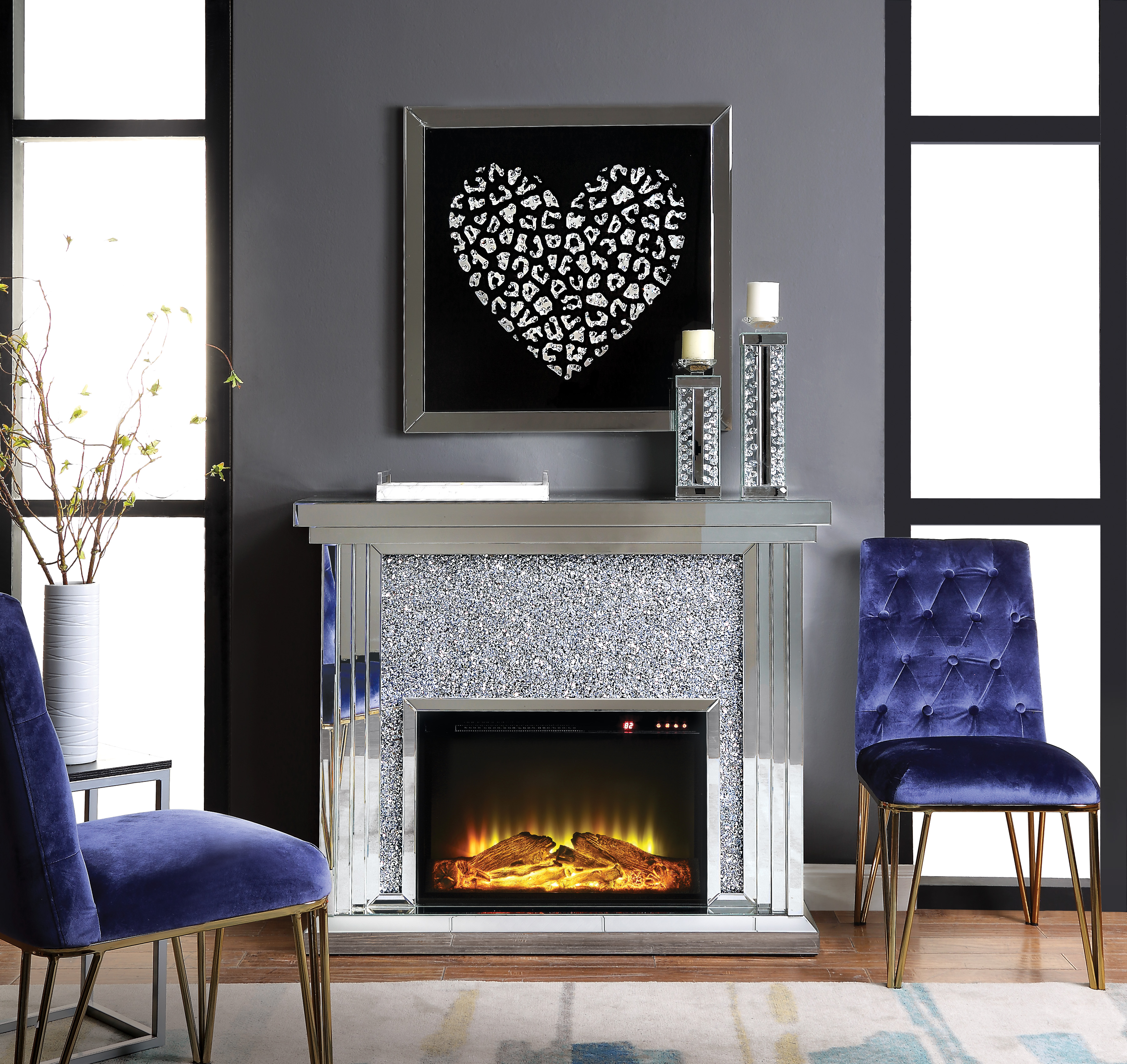 Chimenea Noralie espejada con diamantes de imitación
