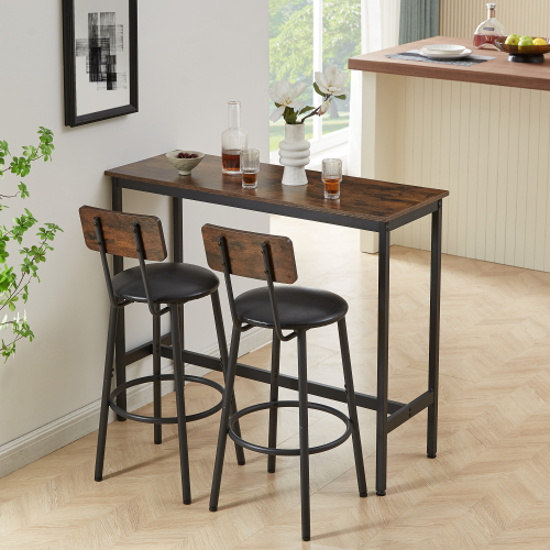 Juego de Mesa de Bar con 2 Taburetes, Asiento PU Suave y Respaldo, Marrón Rústico