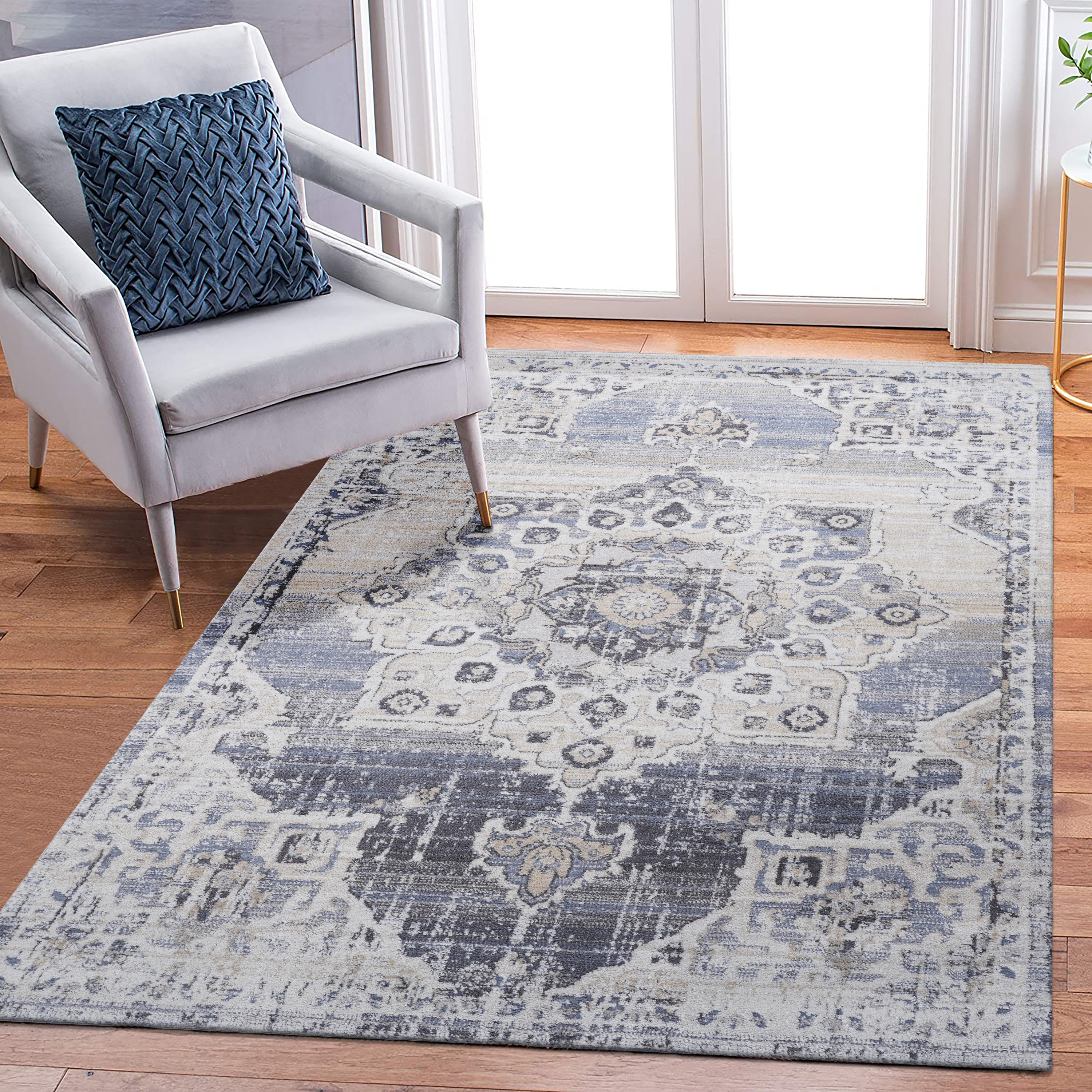 PAYAS  6X9 Cream  Blue  Medallion Area Rug