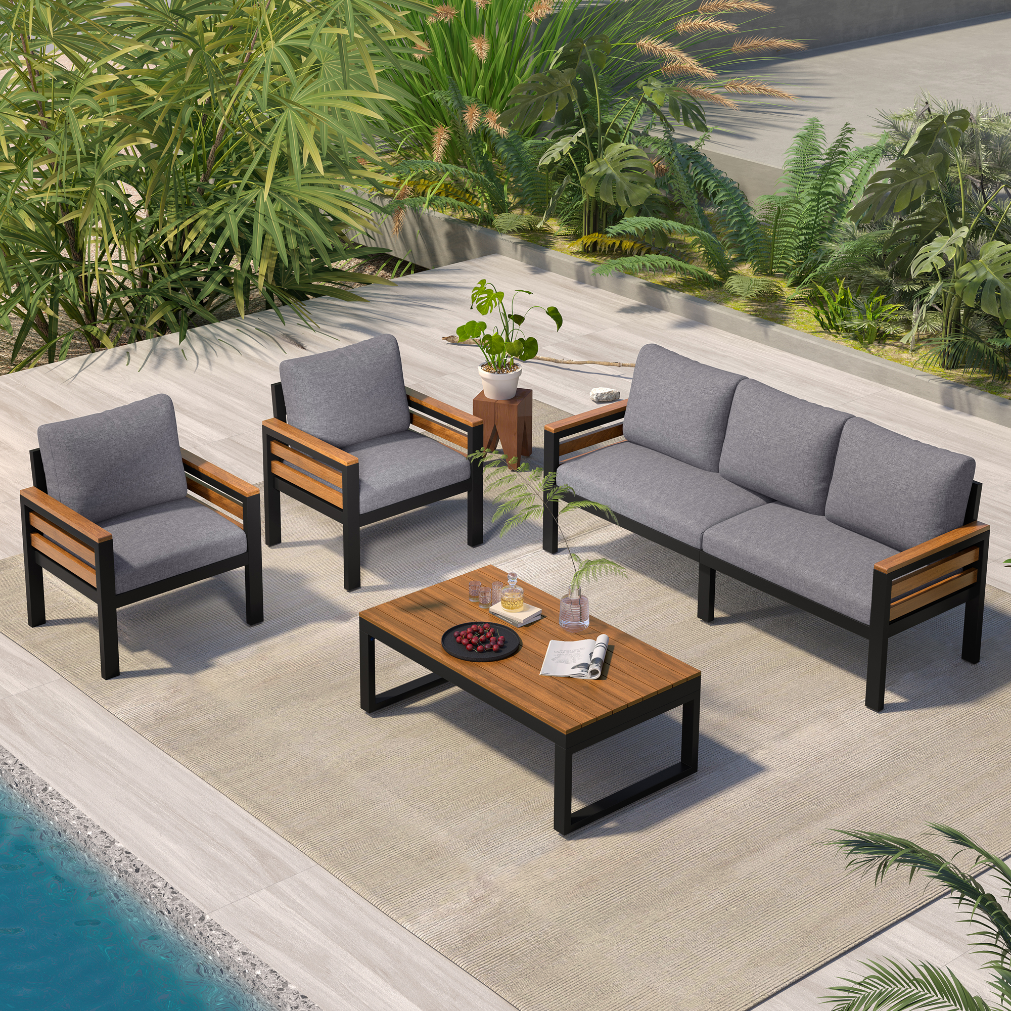 Juego de sofá de exterior GO de 4 piezas para 5 personas, madera de acacia, gris