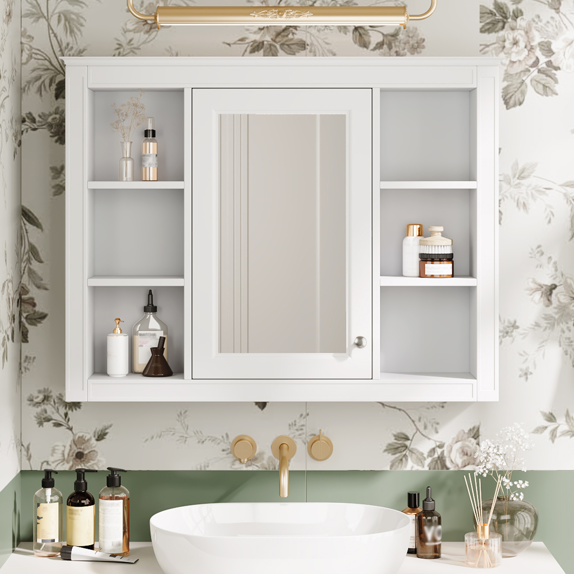 35 X 27.5 Medicine Cabinet, Wall Mounted Bathroom Storage Cabinet, Modern Bathroom Wall Cabinet With Mirror, Mirror Cabinet With 6 Open Shelves  Not Include Bathroom Vanity