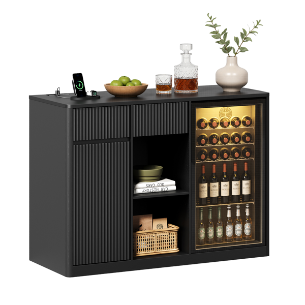 51.2inch Modern Fluted Bar Cabinet With Fridge Compartment Fridge Not Included, Adjustable Shelves & Built-in Power Outlets, Multipurpose Wine Storage Cabinet For Living & Dining Room, Black