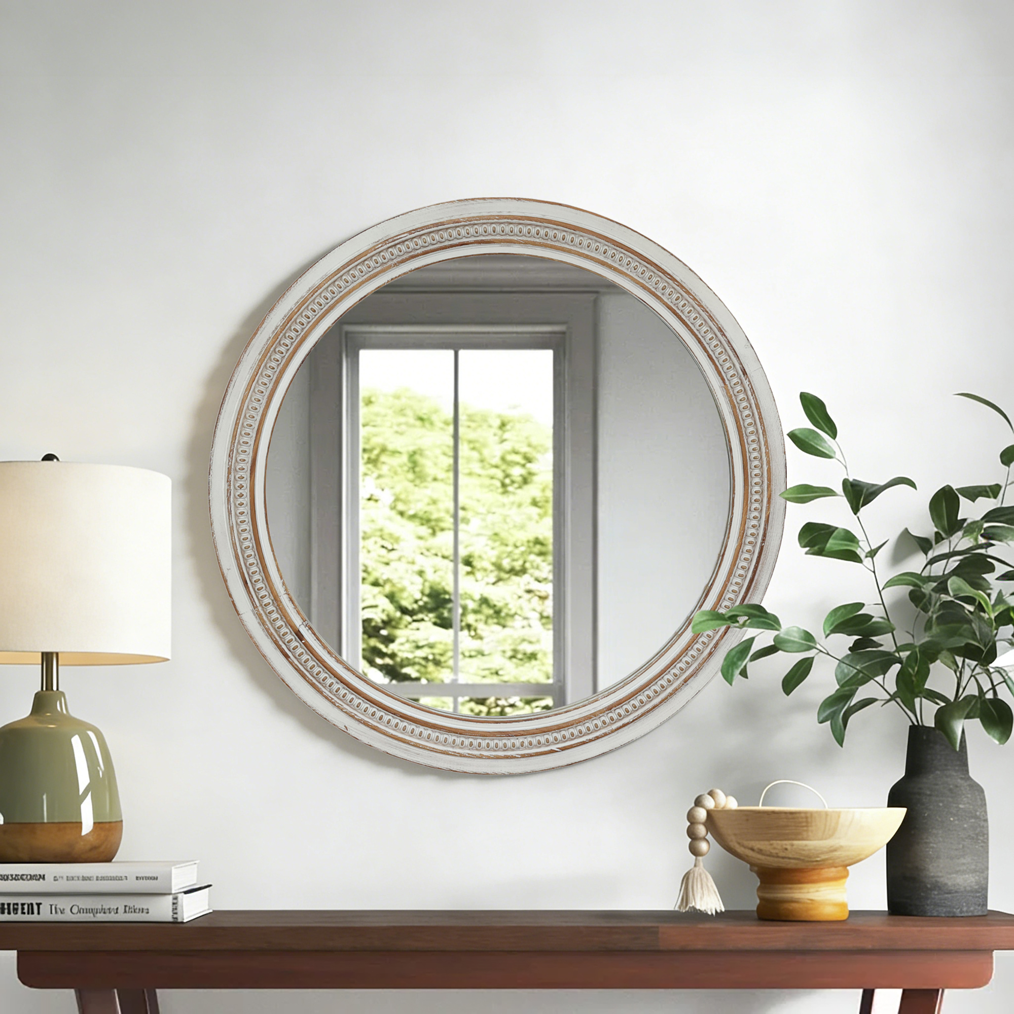 Vintage Round Wall Mirror, 23.62 Decorative Distressed White Frame Mirror With Ornate Beaded Trim For Bathroom Living Room Entryway