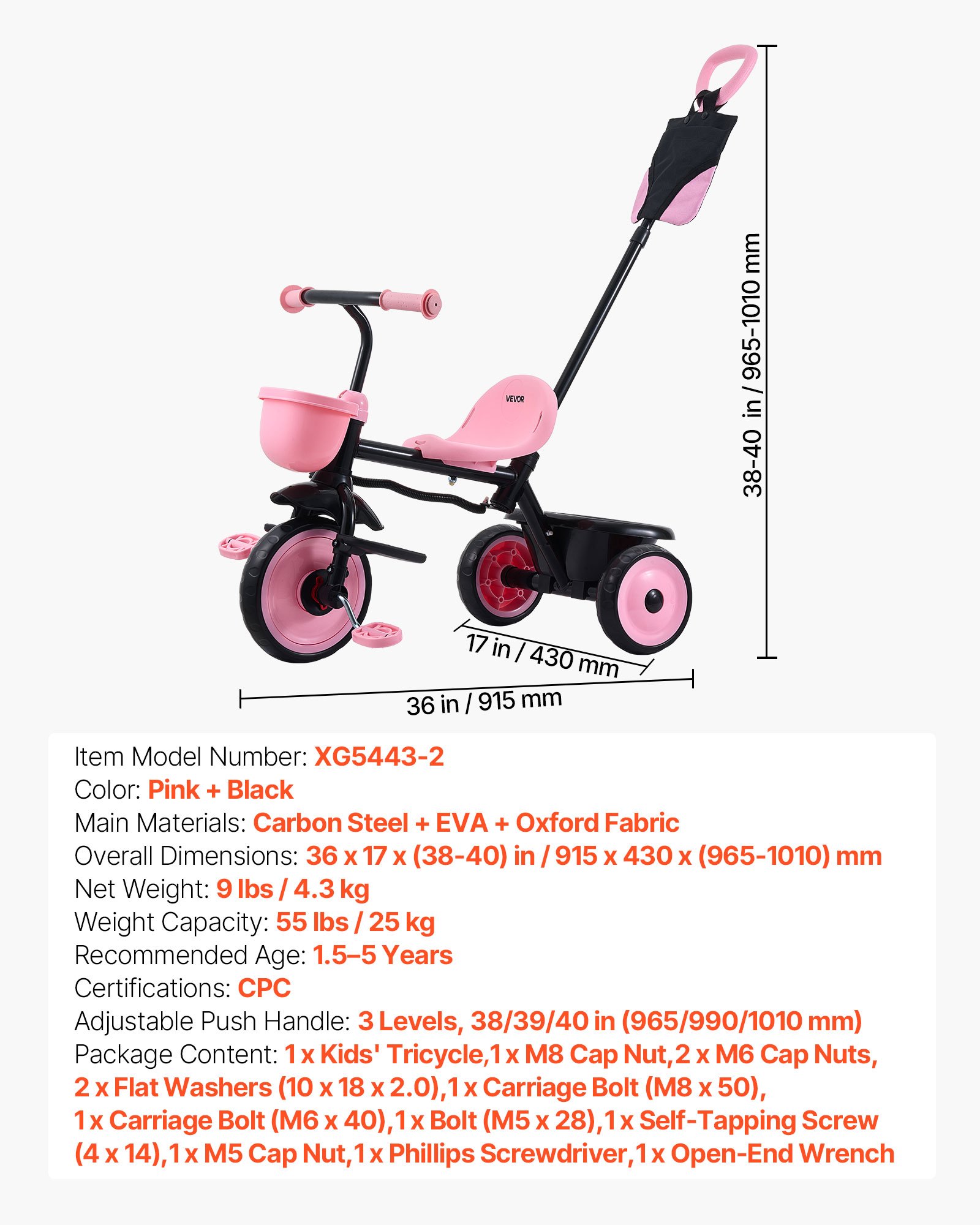 Triciclo y cochecito para niños de 18 meses a 5 años, con mango parental y asiento ajustable.