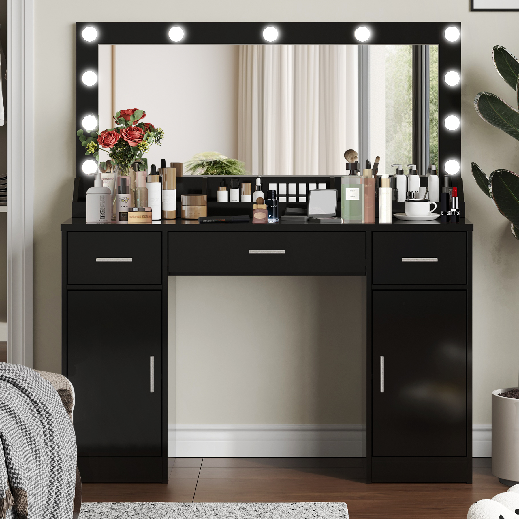 47.2 Vanity Desk With Large Mirror, 3 Colour Lighting Modes, Adjustable Brightness, Dresser With 3 Drawers & 2 Vertical Cabinets, Makeup Vanity Table For Women &  Girls  Black