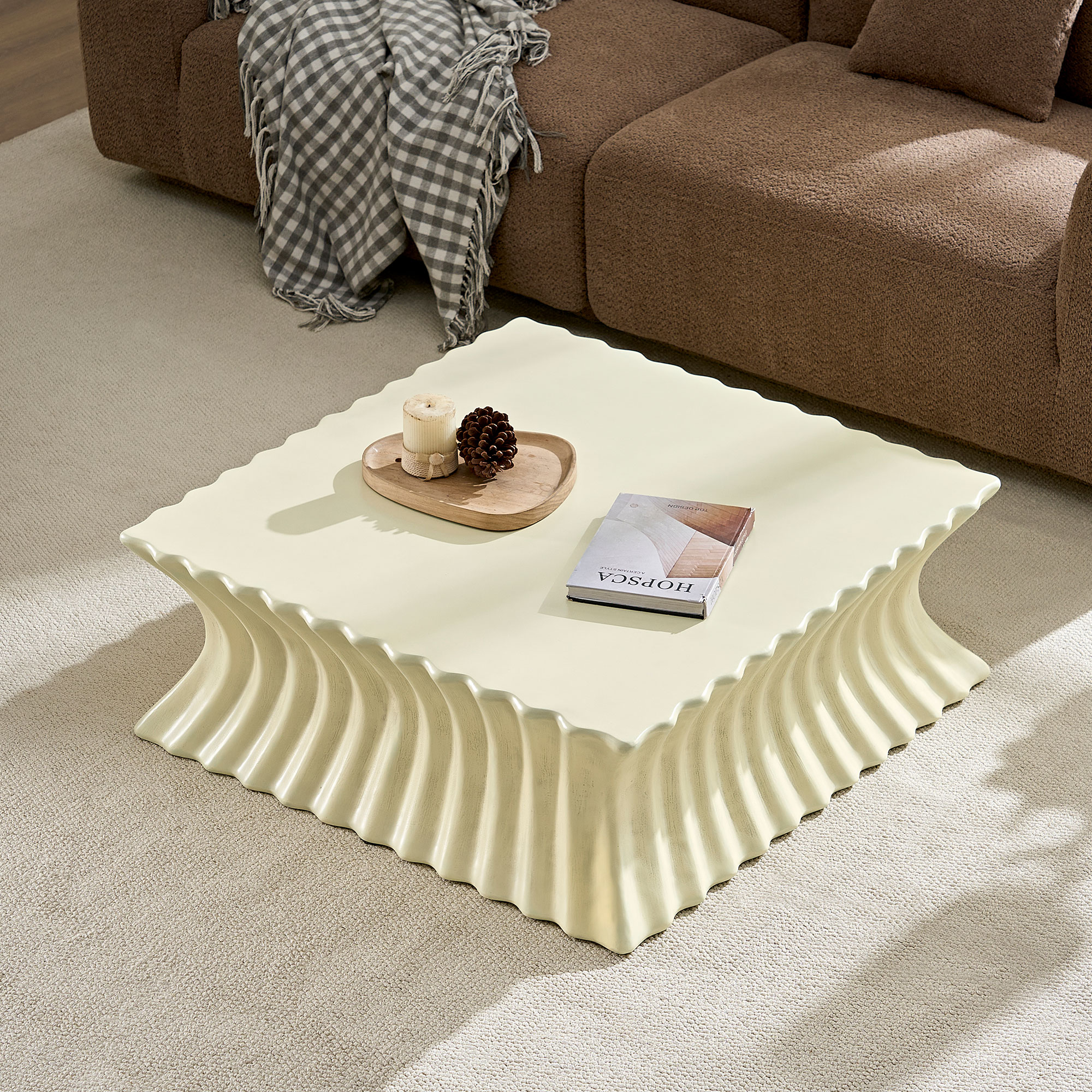 35.43 Inch Square Coffee Table Vintage Sturdy Fiberglass Table For Living Room Apartment Office No Need Assembly Beige