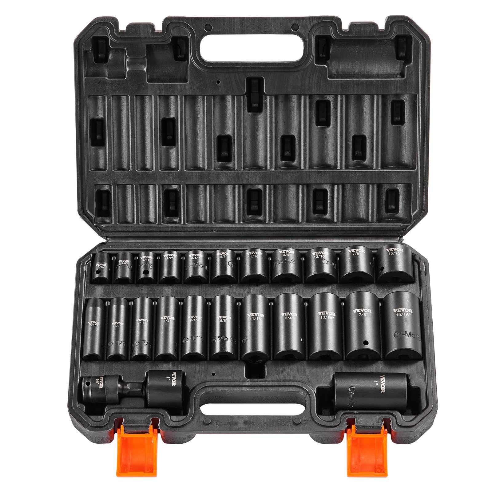 3/8" Drive Impact Socket Set, 25 Piece Deep & Shallow Socket Set SAE 5/16" - 1", 6 Point Cr-Mo Alloy Steel For Auto Repair, Easy-to-Read Size Markings, Rugged Construction, Includes Storage Case