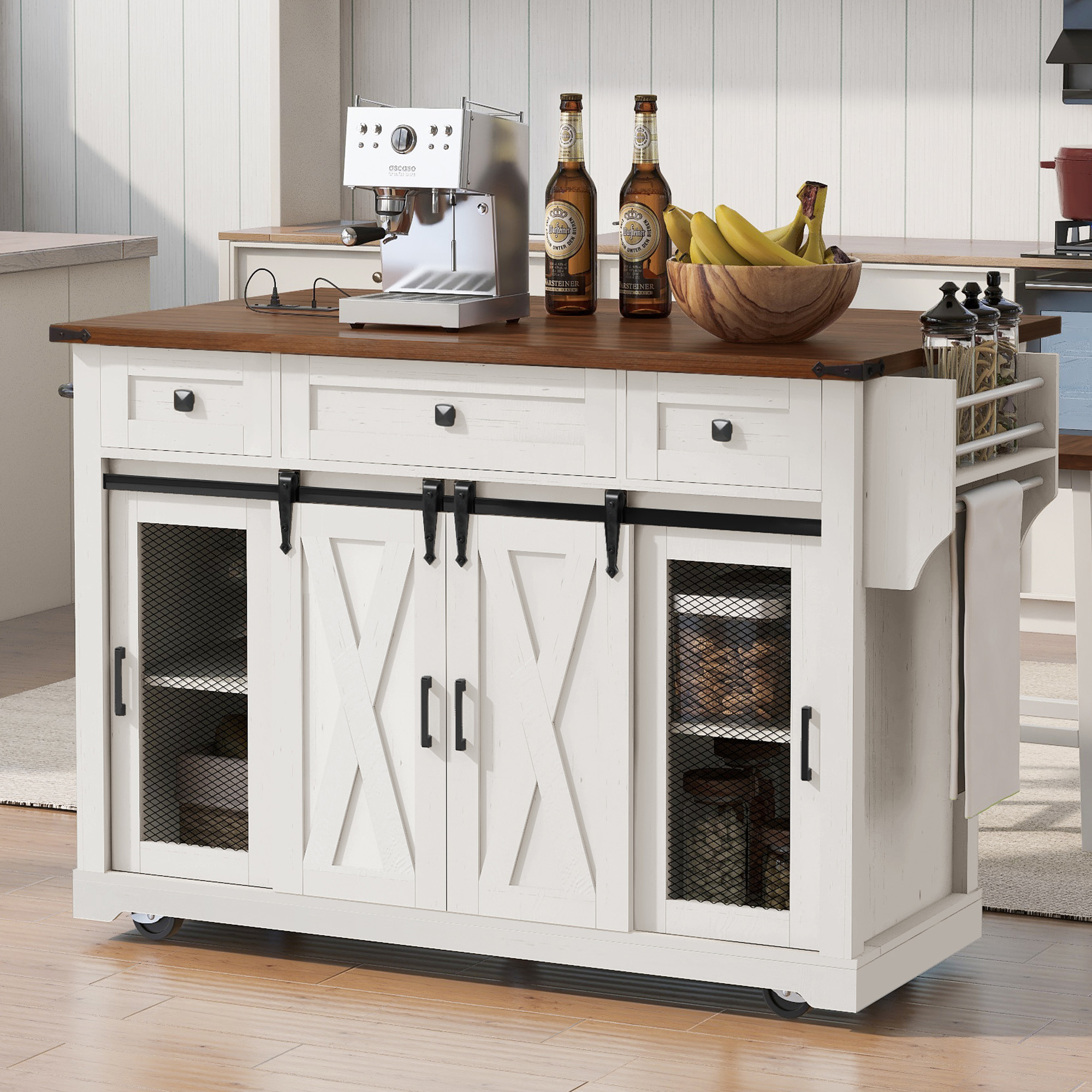 K&K 58 Farmhouse Kitchen Island With Storage,Sliding Barn Door & Metal Grid Side Door,Rolling Kitchen Island On 5 Wheels With Spice Rack,Glass Holders,Island Table With Drop Leaf For Kitchen,White