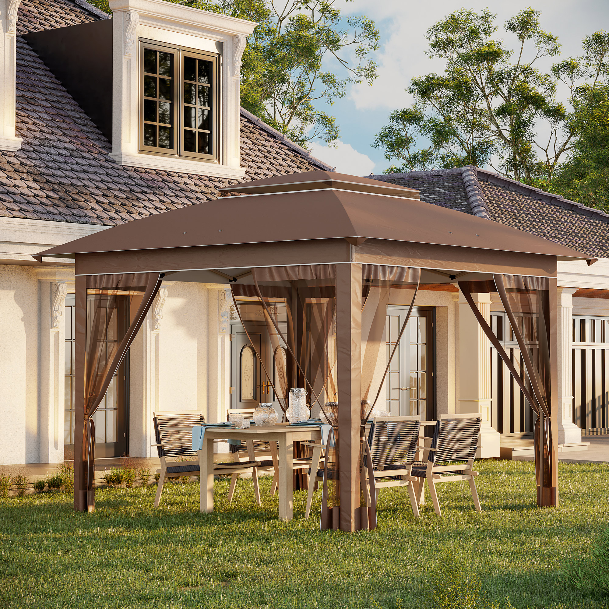 Carpa cenador emergente de 12 x 12 pies con mosquitero, altura ajustable, caqui