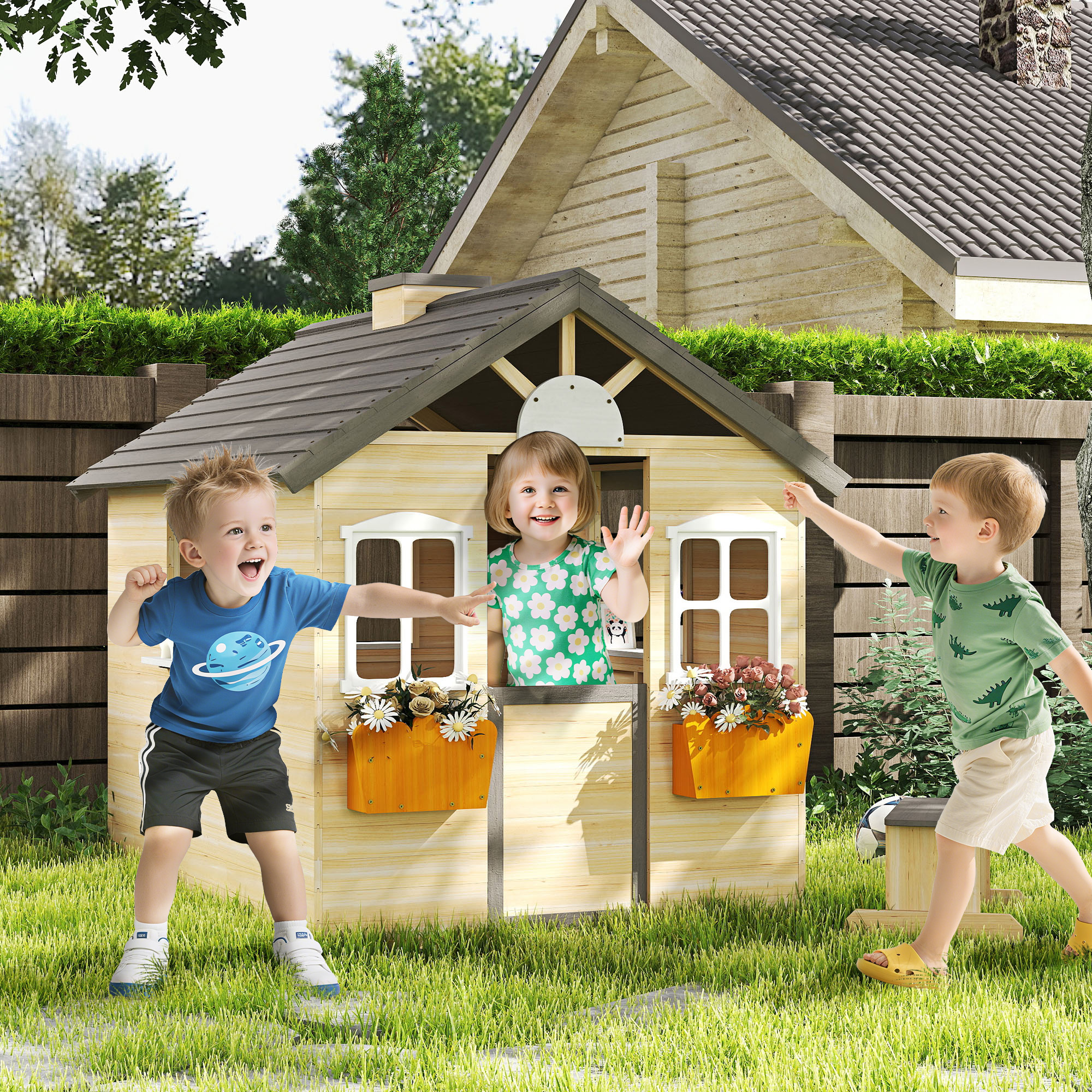Casita de juegos de madera para niños, con puerta, ventanas, banco y macetero, 3-7 años