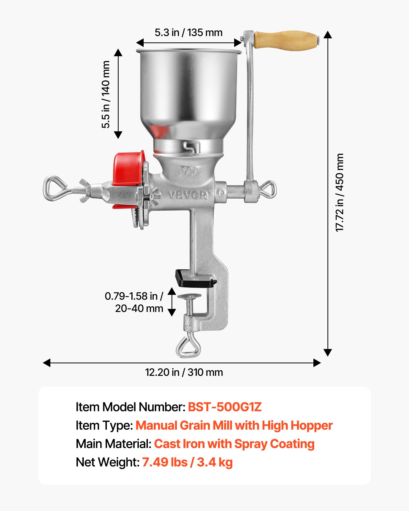 Manual Grain Mill With High Hopper, Hand-Crank Corn Grinder, Heavy Duty Cast Iron Wheat Grinding Mill With Stable Table Clamp & Dust Cover For Grains Spices Coffee Beans Nuts