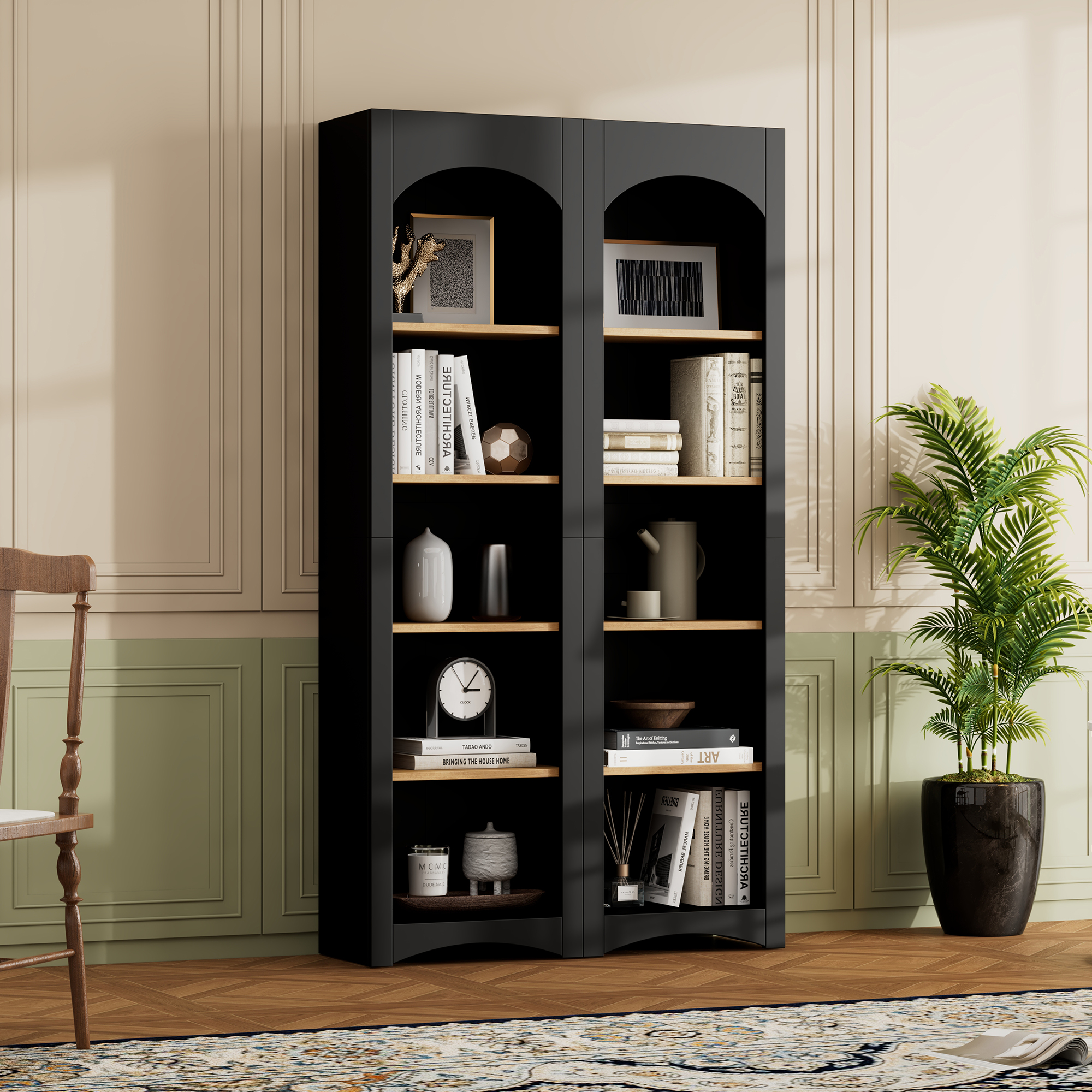 ON-TREND Free Standing 5 Tier Bookshelves, Bookcases Set Of 2, Farmhouse Two-Tone Storage Cabinet With Adjustable Shelves, Modern 72H Kitchen Pantry Cabinet For Living Room, Home Office, Black