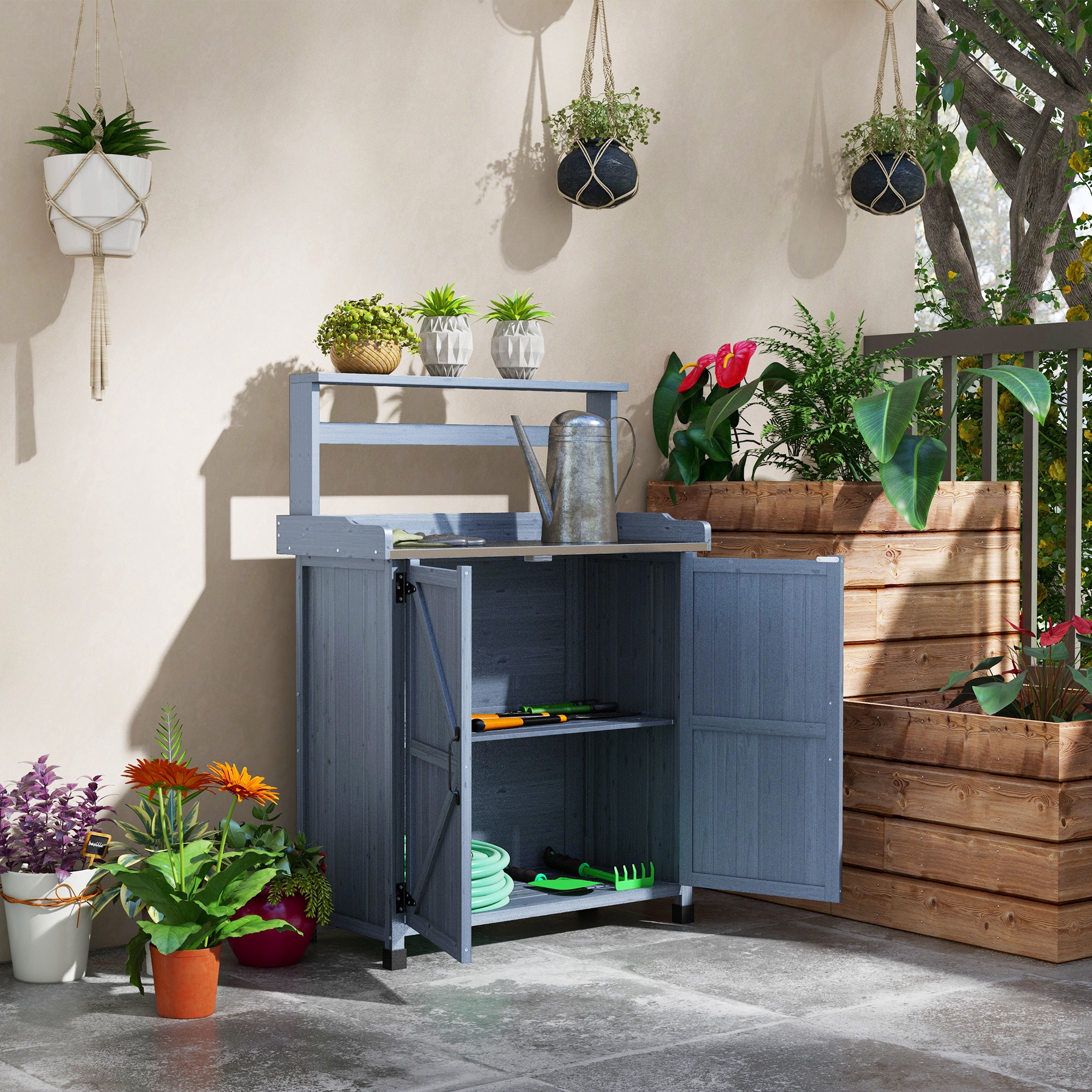 Mesa de trabajo de madera para jardín, con almacenamiento, estantes, gris
