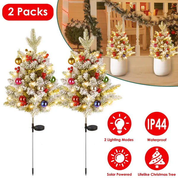 2 árboles de Navidad artificiales solares iluminados con bayas, 50 luces LED cálidas.