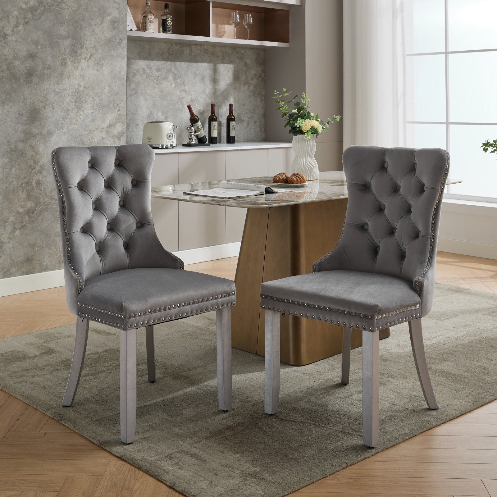 Silla de comedor tapizada A&A Furniture Nikki Modern, terciopelo, patas de madera, juego de 2, gris claro.