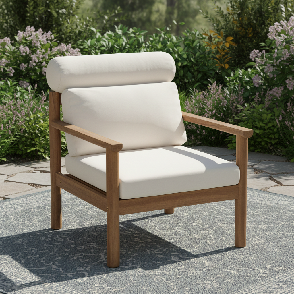 28" Mid-Century Modern Acacia Wood Outdoor Patio Chair, Weather-Resistant Deep Seating Lounge Chair with Bolster Pillow & Thick Cushions, Solid Wood Frame Accent Chair for Backyard, Poolside & Deck