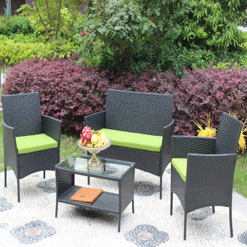 Set de muebles de patio de 4 piezas de ratán con sofá de mimbre y cojines verdes