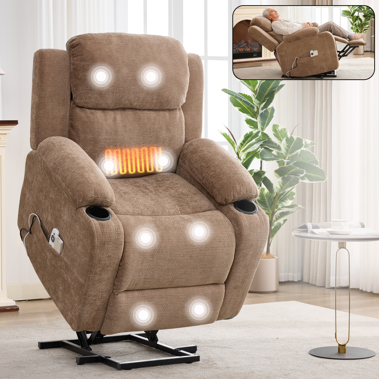Up To 350 LBS Chenille Power Lift Recliner Chair, Heavy Duty Motion Mechanism With 8-Point Vibration Massage And Lumbar Heating, Stainless Steel Cup Holders, Brown