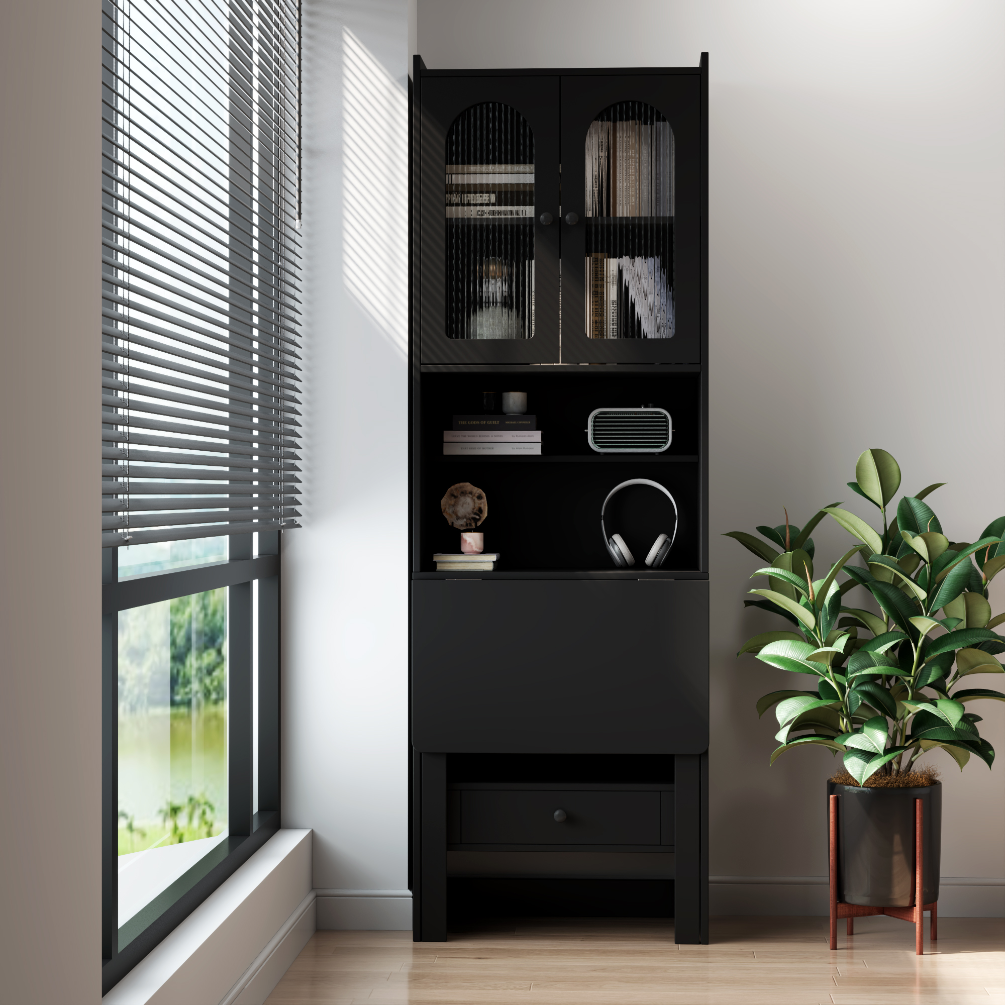 Fold-Out Convertible Writing Table,  Desk Cabinet With Shelf And Drawer Multi-Function Home Office Workstation