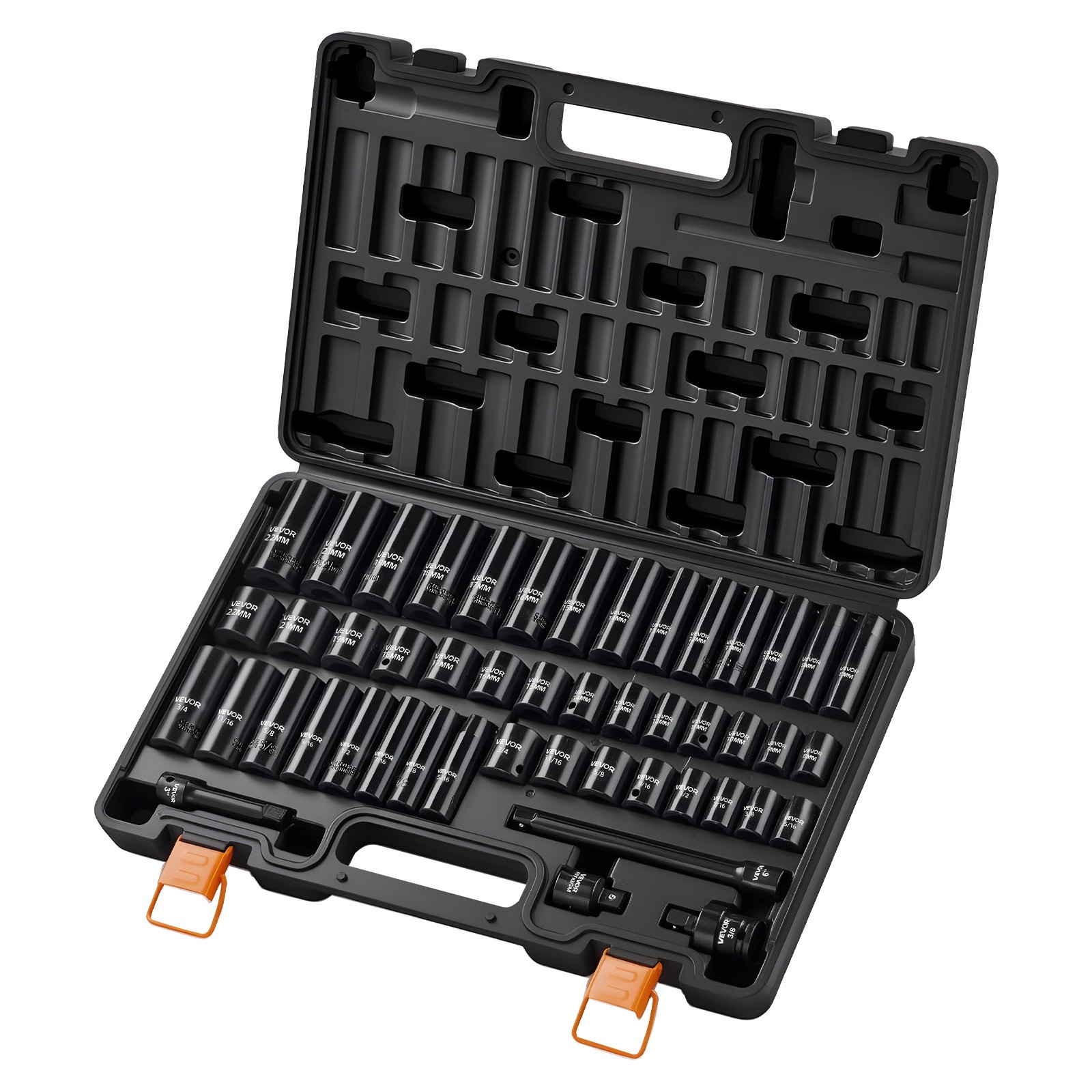 Juego de dados de impacto 3/8 pulg, 48 piezas, SAE y métricos, acero Cr-V