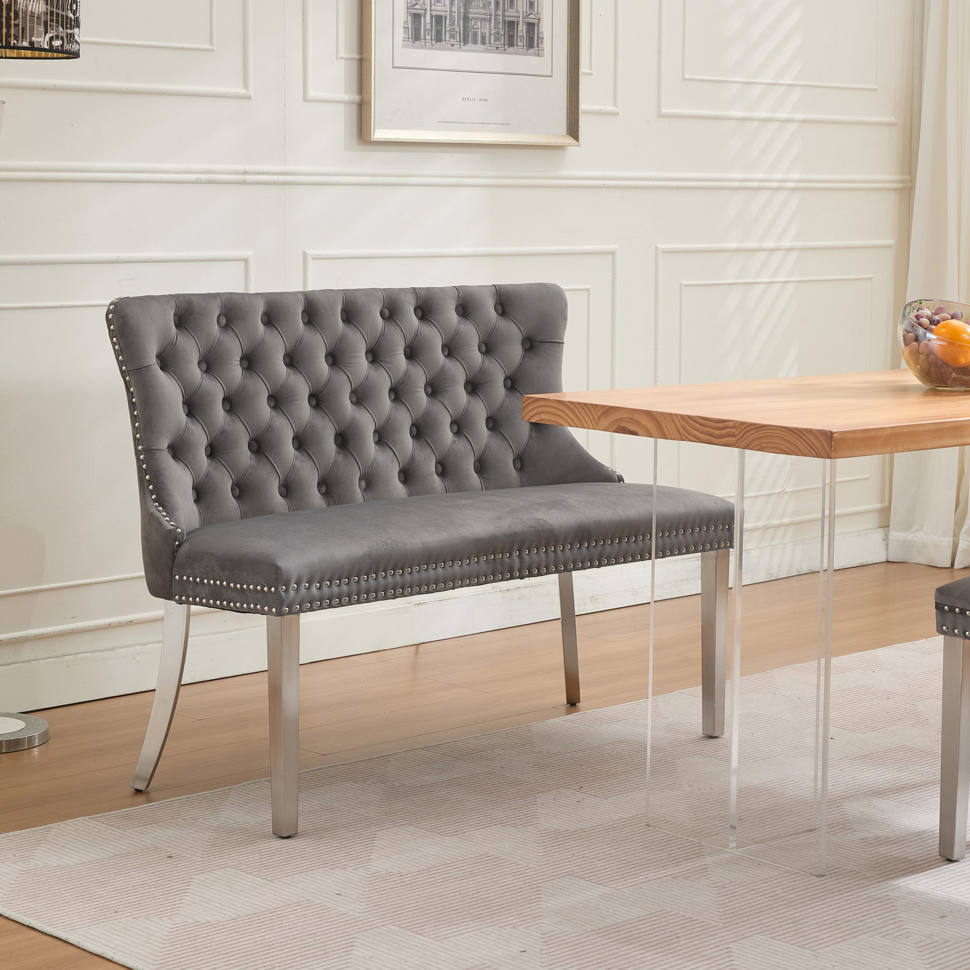 Velvet Double Dining Loveseat Bench, Kitchen & Dining Seating, 2-Seat Tufted Bench W Handmade Buttons, Wing Back, Brushed Silver Stainless Steel Legs, Mid Century Modern,Single Pack,Gray,SW1702GY