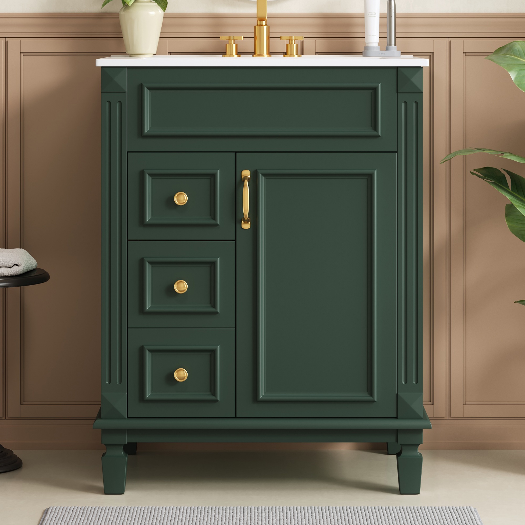 24   Bathroom Vanity With Ceramic Sink, Small Bathroom Sink Cabinet, Modern Cabinet With 2 Drawers And Adjustable Shelf