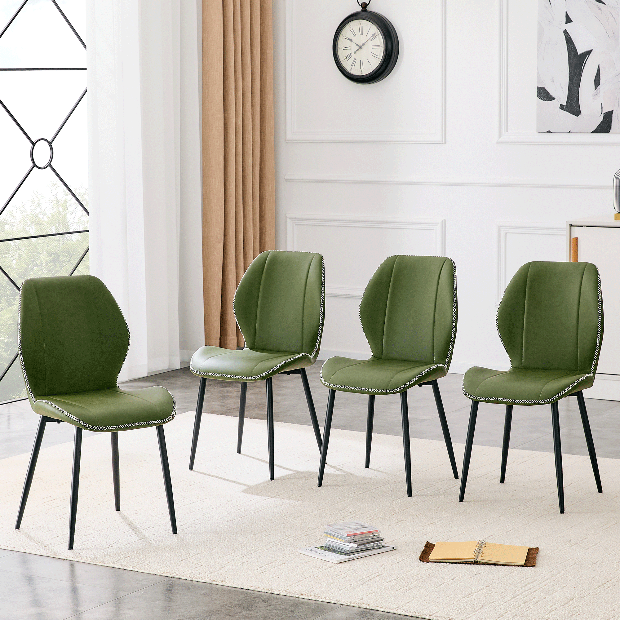 4 Sets Of Retro Olive Green PU Dining Chairs With A Spacious And Comfortable Cushion.Multiple Colors Available, With Black Metal Legs And Adjustable Feet, Suitable For Dining Room, Study & Office,etc.