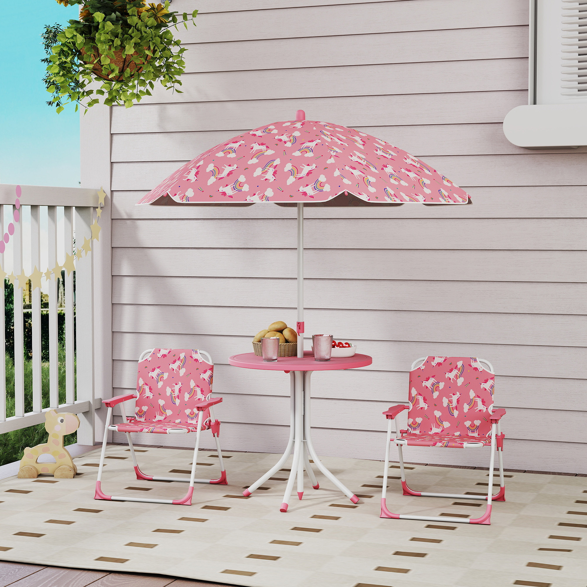 Mesa de picnic infantil con 2 sillas plegables y sombrilla, para jardín o patio, rosa.