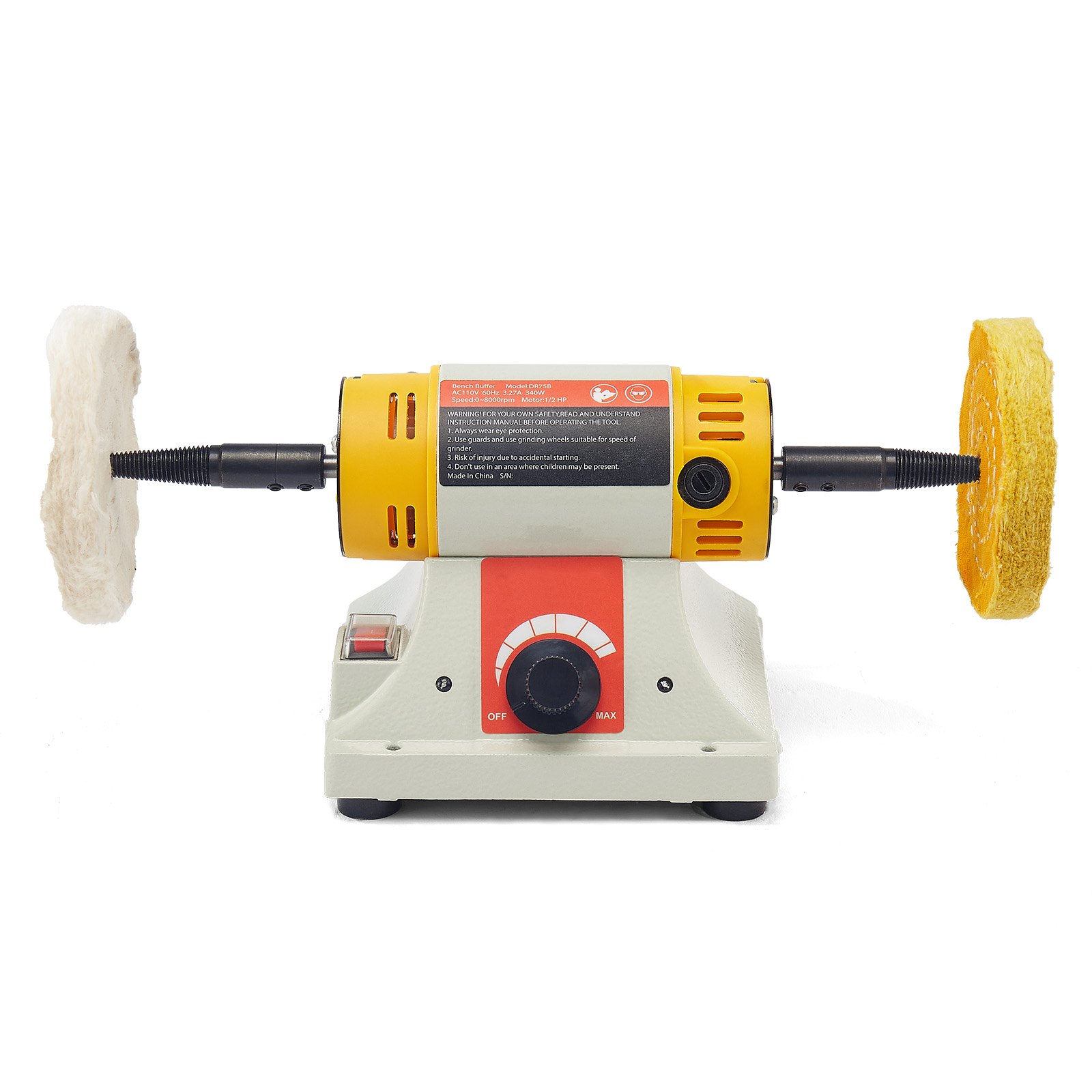 Bench Buffer Polisher, 1/2HP Polishing And Buffing Machine, 0 To 8000RPM Benchtop Polisher With 2PCS 4" Cotton Wheel, 3PCS 3" Abrasive Fiber Wheels & Polishing Compound For Metal Jewelry Wood