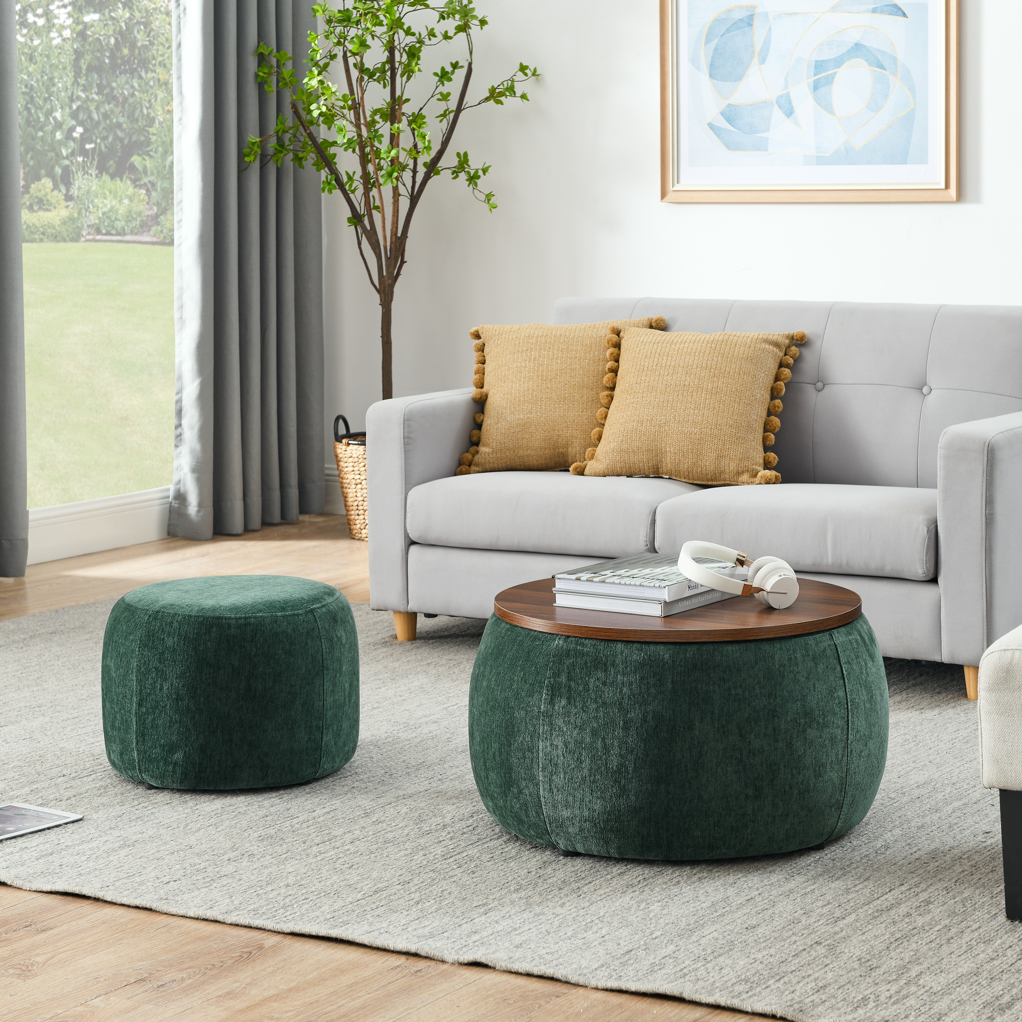Round Storage Ottoman, 2 In 1 Function, Work As End Table And Ottoman,with Small Seat,Green 25x25x14.7