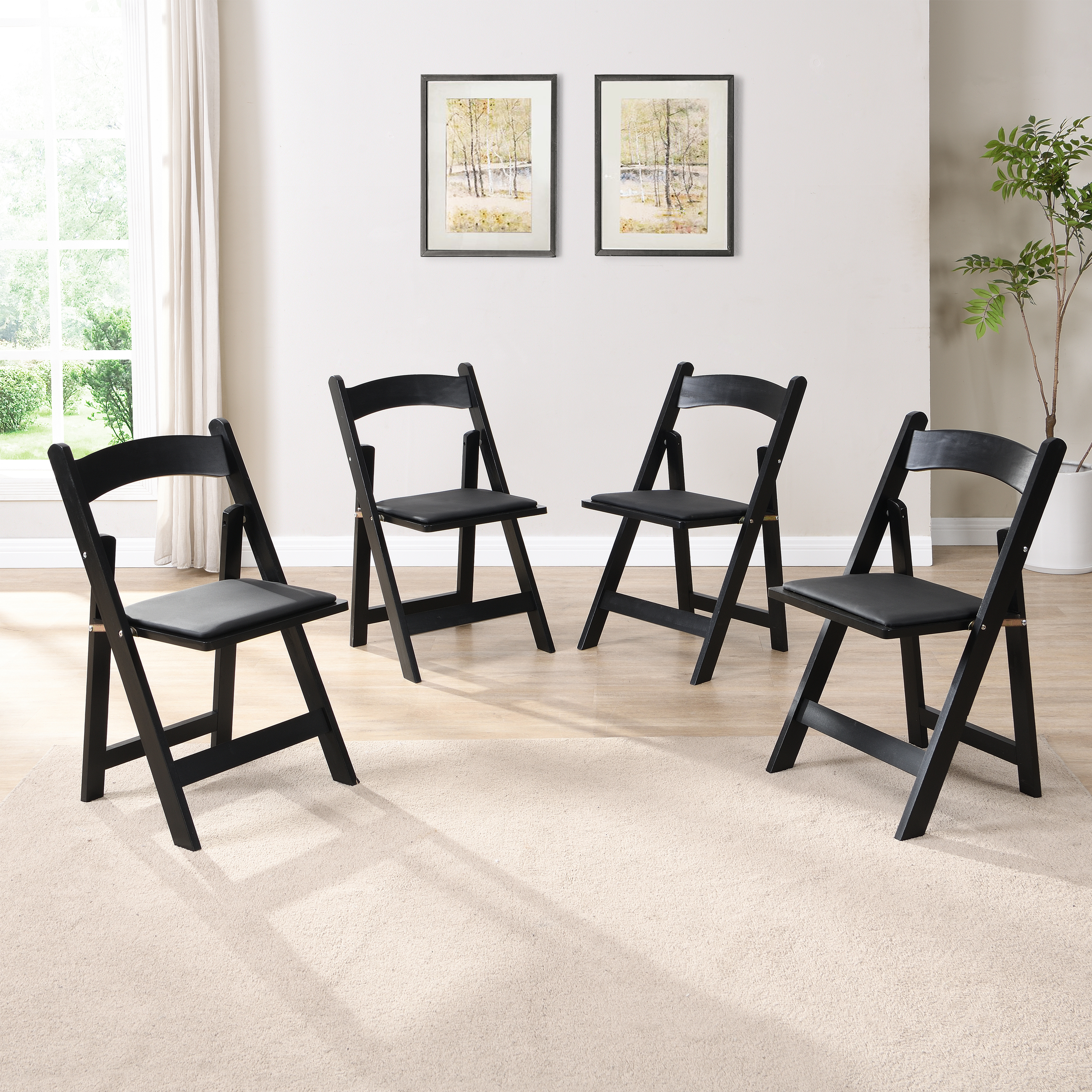 Upholstered Folding  Chair, Space Saving,,easy To Carry, 4PCS,Black Cushion Black Shelf,Dining Room