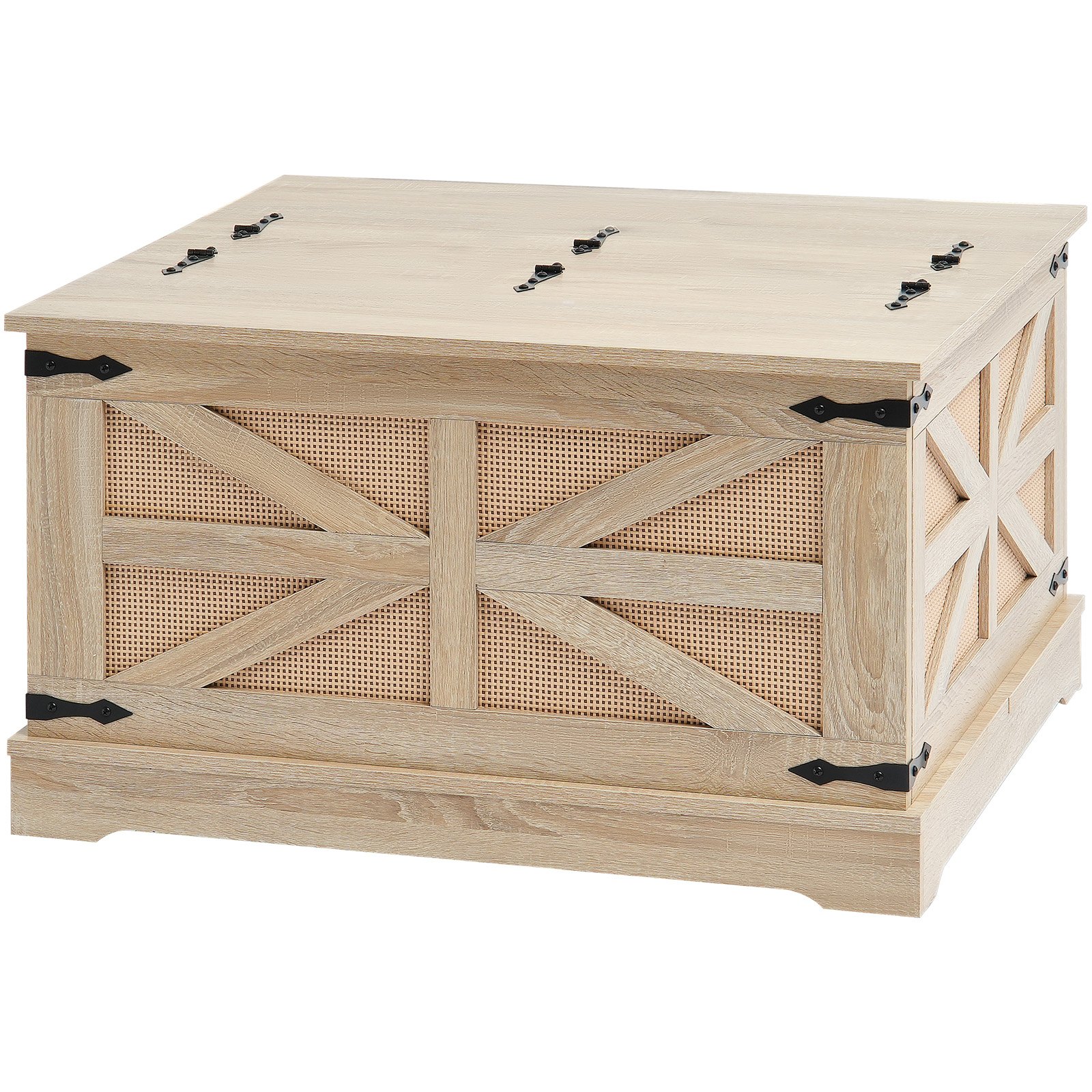 Rattan Coffee Table, Rectangle PE Rattan Woven Wood Coffee Table With MDF Top, 32-Inch Modern Boho Style Storage Coffee Table With Retro Metal Hinges, For Living Room, Bedroom & Small Spaces