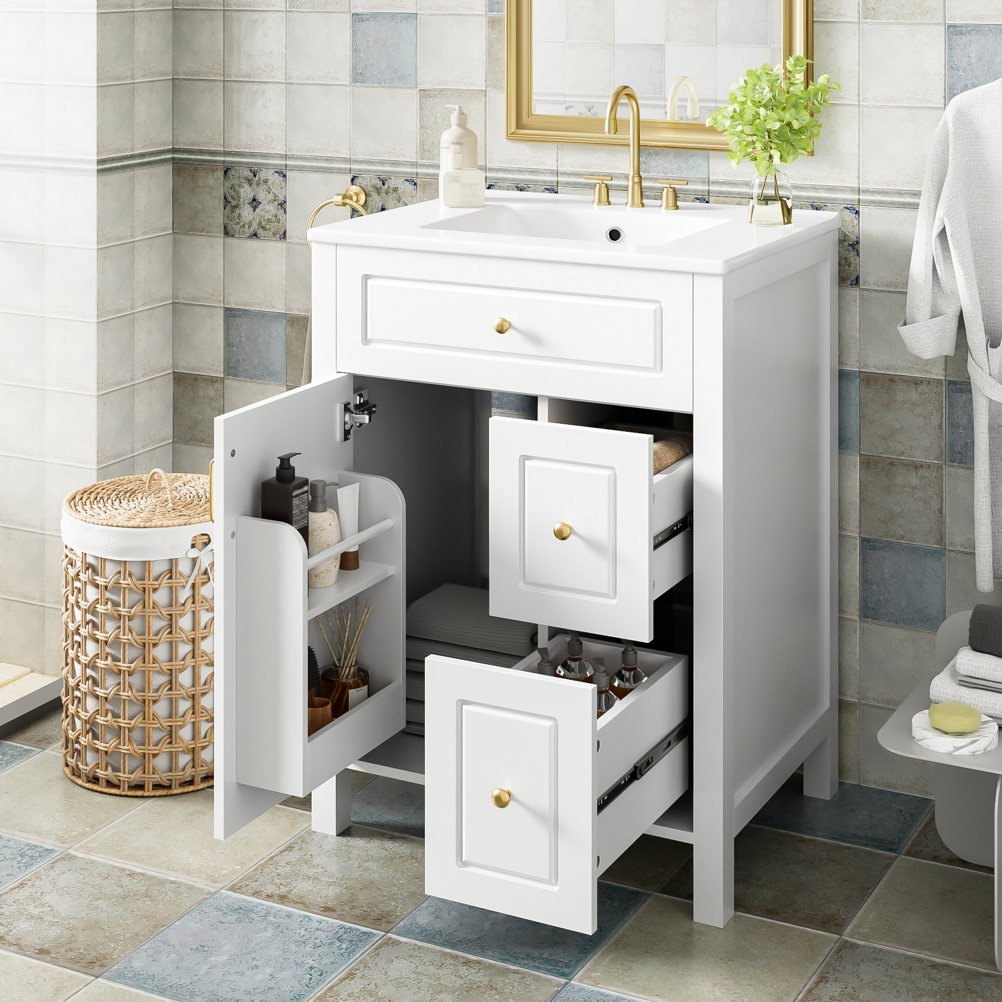 Tocador de baño de 24 pulgadas con lavabo de cerámica, puerta y cajones suaves