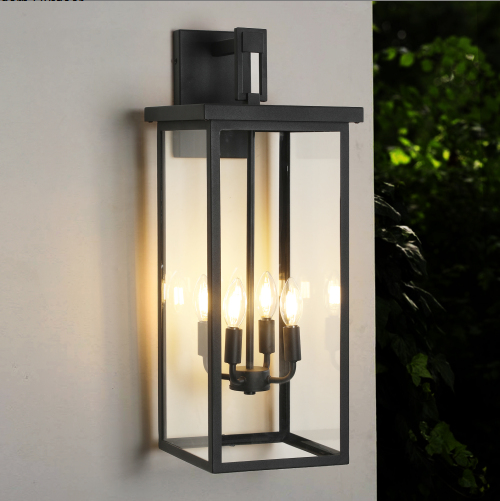 Farol de pared moderno para exterior, 26 pulgadas, 1 unidad, metal negro, vidrio, E12