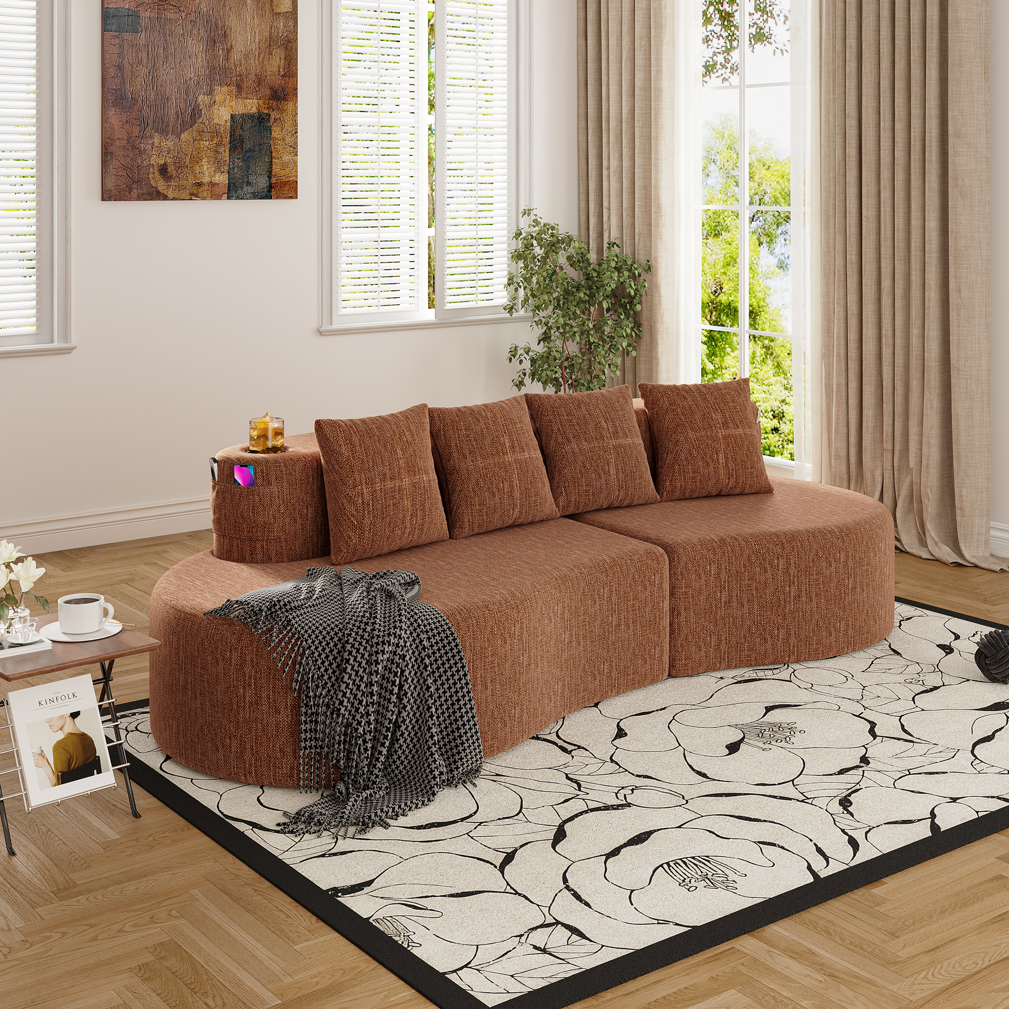 Sofá seccional modular moderno curvo de 3 asientos, estilo media luna, minimalista.