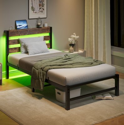 Base de cama individual con cabecero, estación de carga USB, luces LED, sin somier, marrón