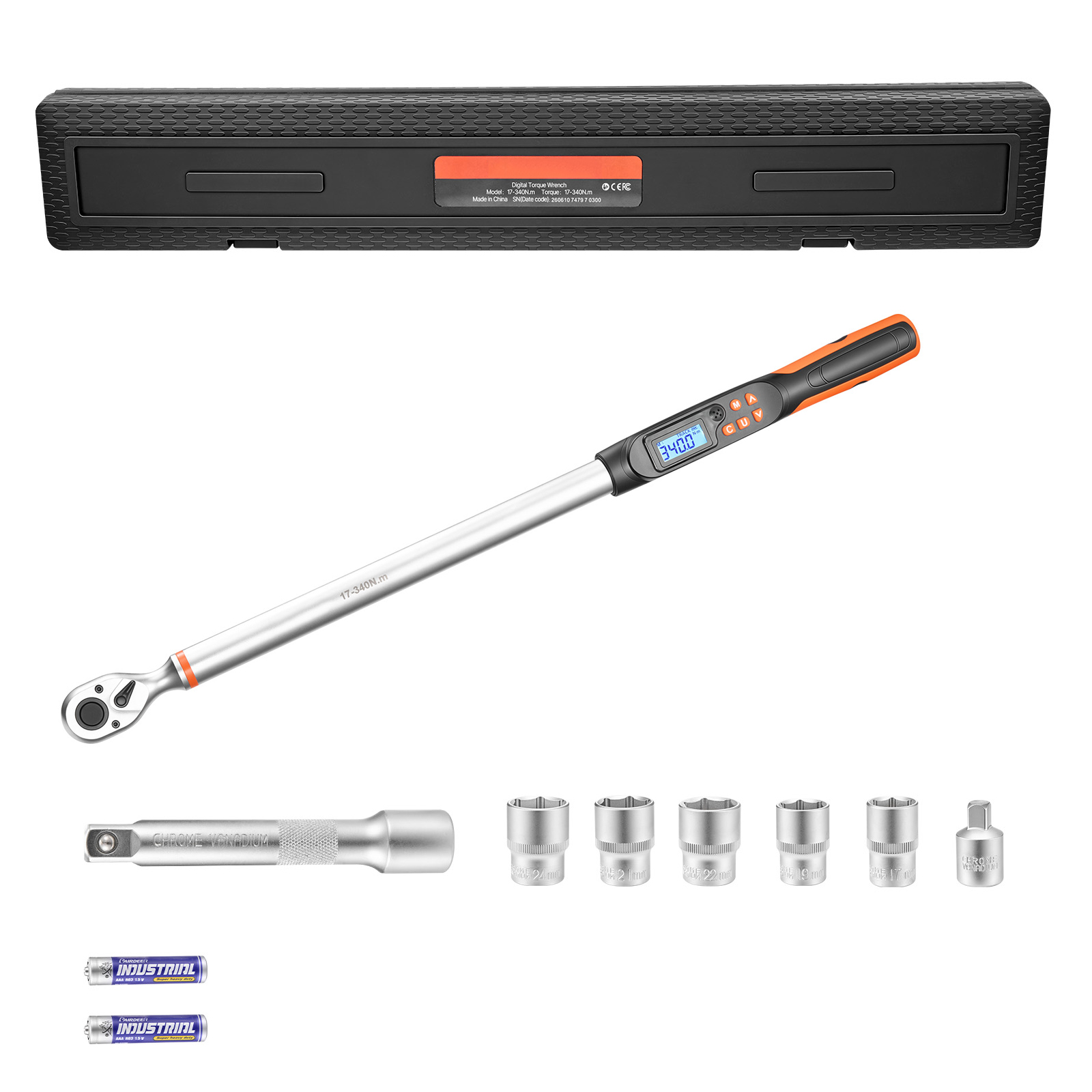 Torque Wrench Set 1/2" Drive Digital Torque Wrench 4 Display Units, ±2% Accuracy, LCD Screen, With Buzzer And LED Indicator, With Sockets, Extension Bar, Adapter, For Automotive Repair