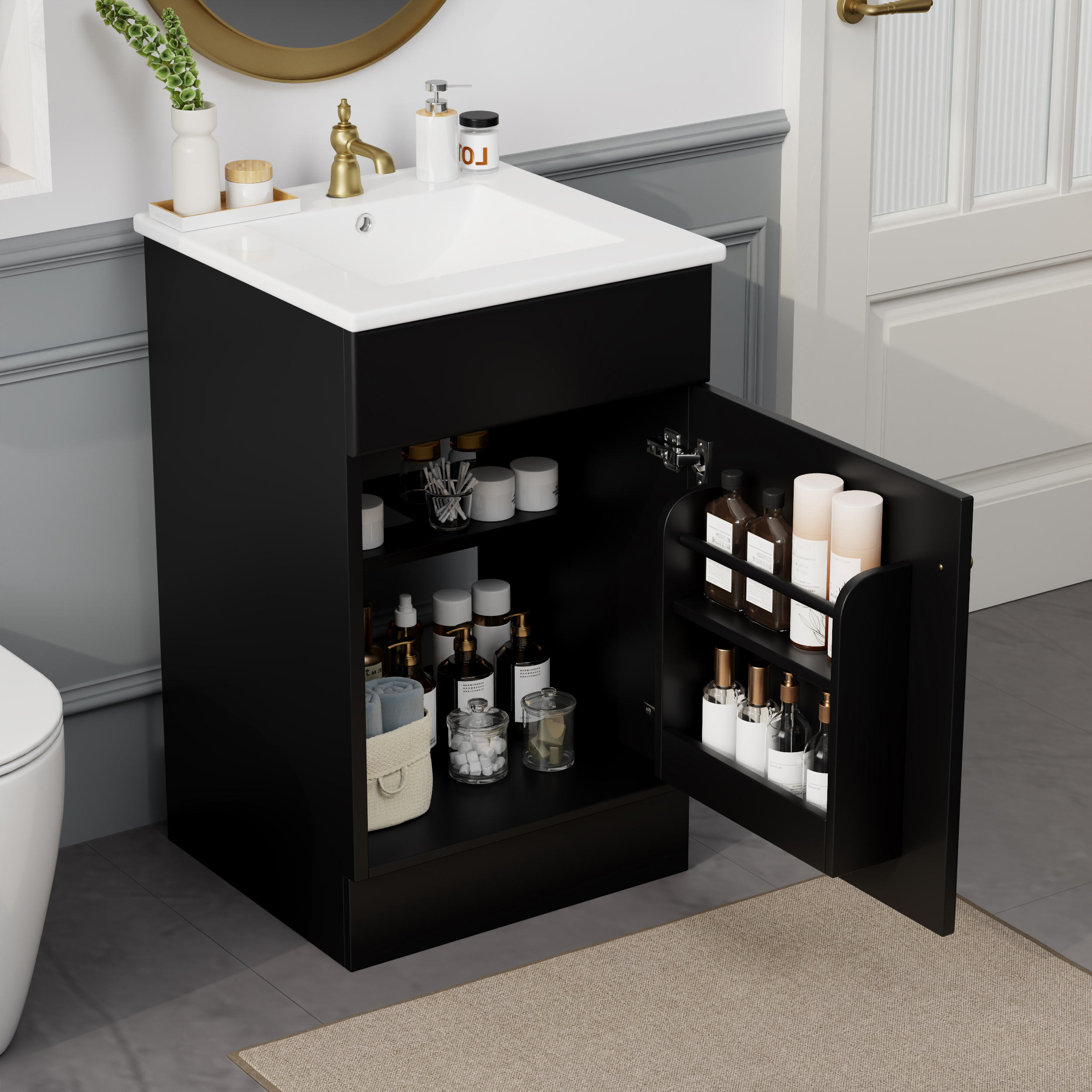 20 Bathroom Vanity With Sink, Vanity Cabinet With Door Shelf And Adjustable Shelf, Black