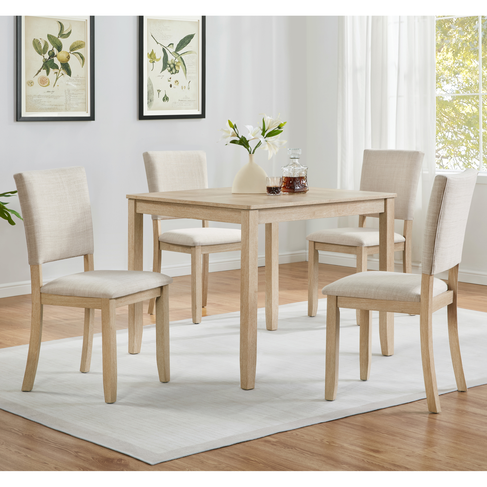Juego de comedor moderno de 5 piezas para 4 personas, madera roble claro y beige