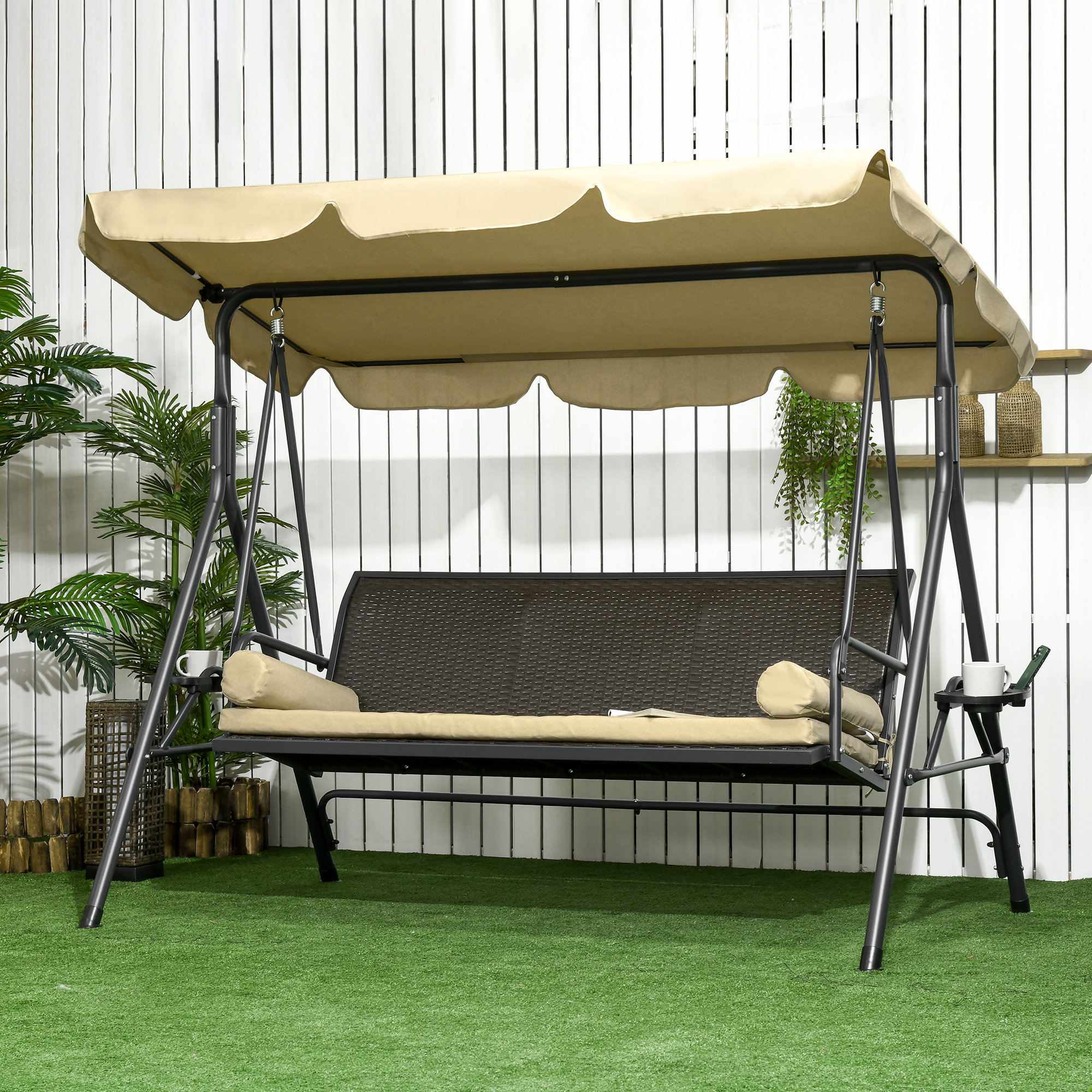 Columpio de patio de 3 asientos con toldo, cojín extraíble y parasol ajustable
