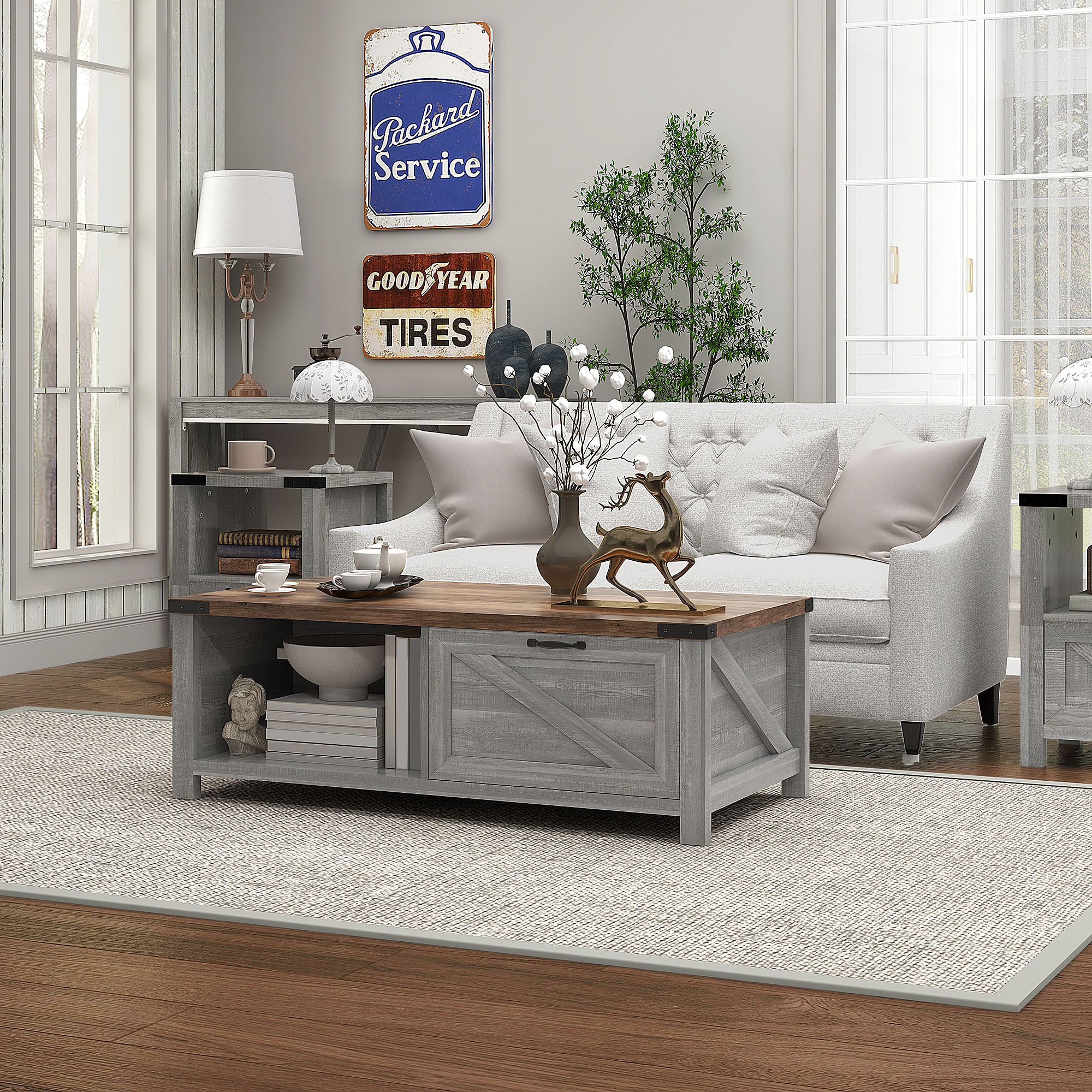 Coffee Table with Storage, Farmhouse Living Room Table with Storage Drawer and Open Shelf, Distressed Gray