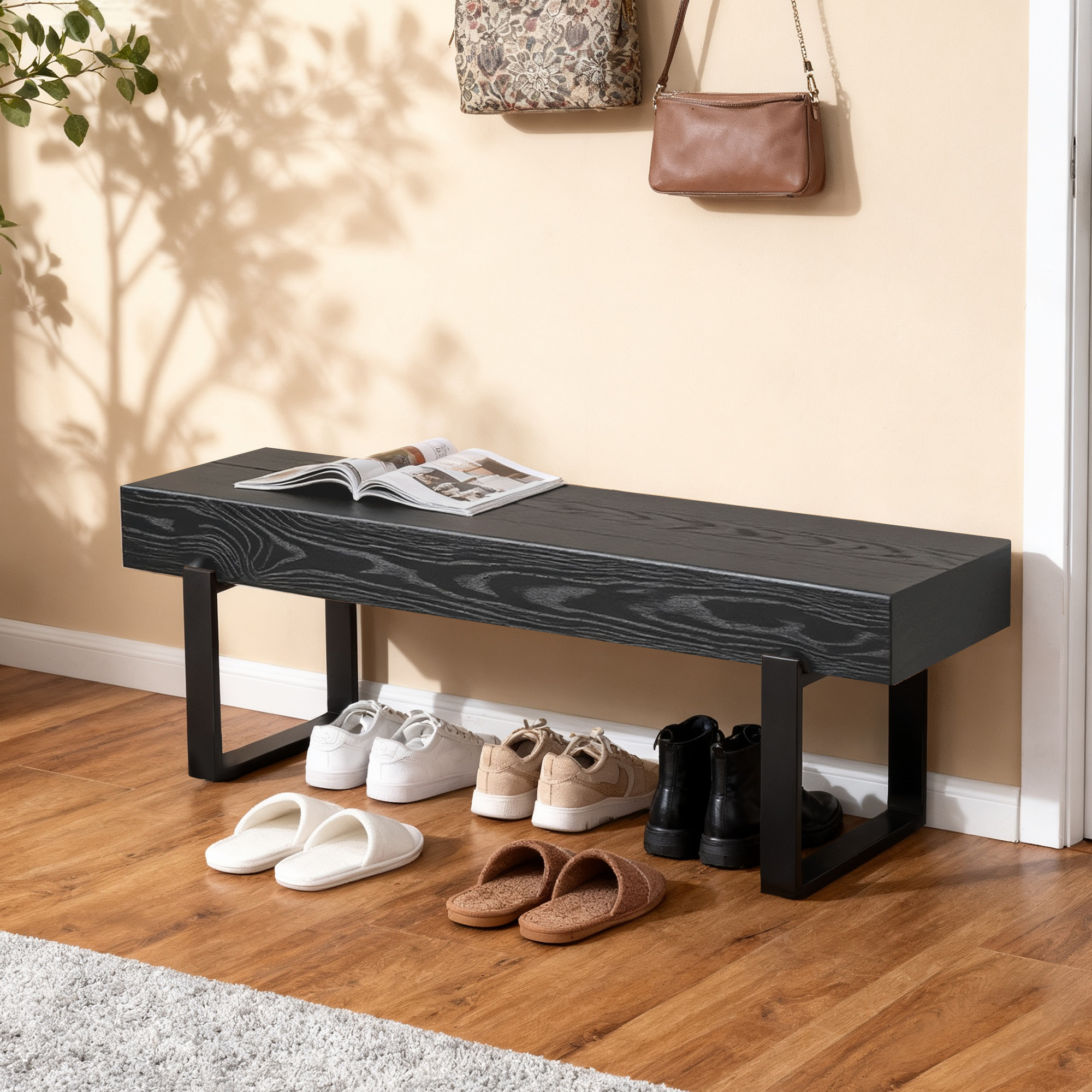 59  Wood Bench For Bedroom End Of Bed, Farmhouse Indoor Kitchen Table Benches,Versatile Modern Shoe Bench For Entryway, Black