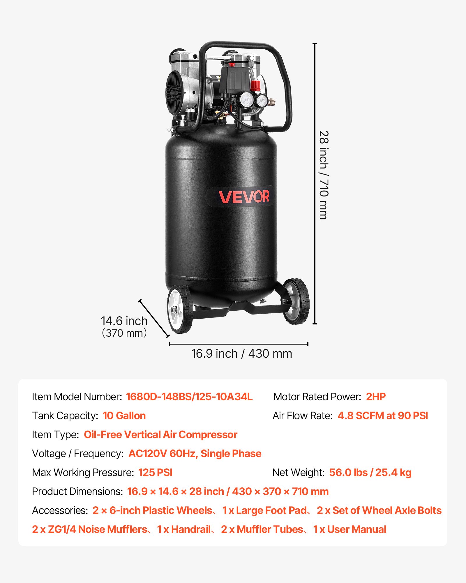 Compresor de aire sin aceite de 10 galones, 2HP, 125PSI, portátil con ruedas, 120V