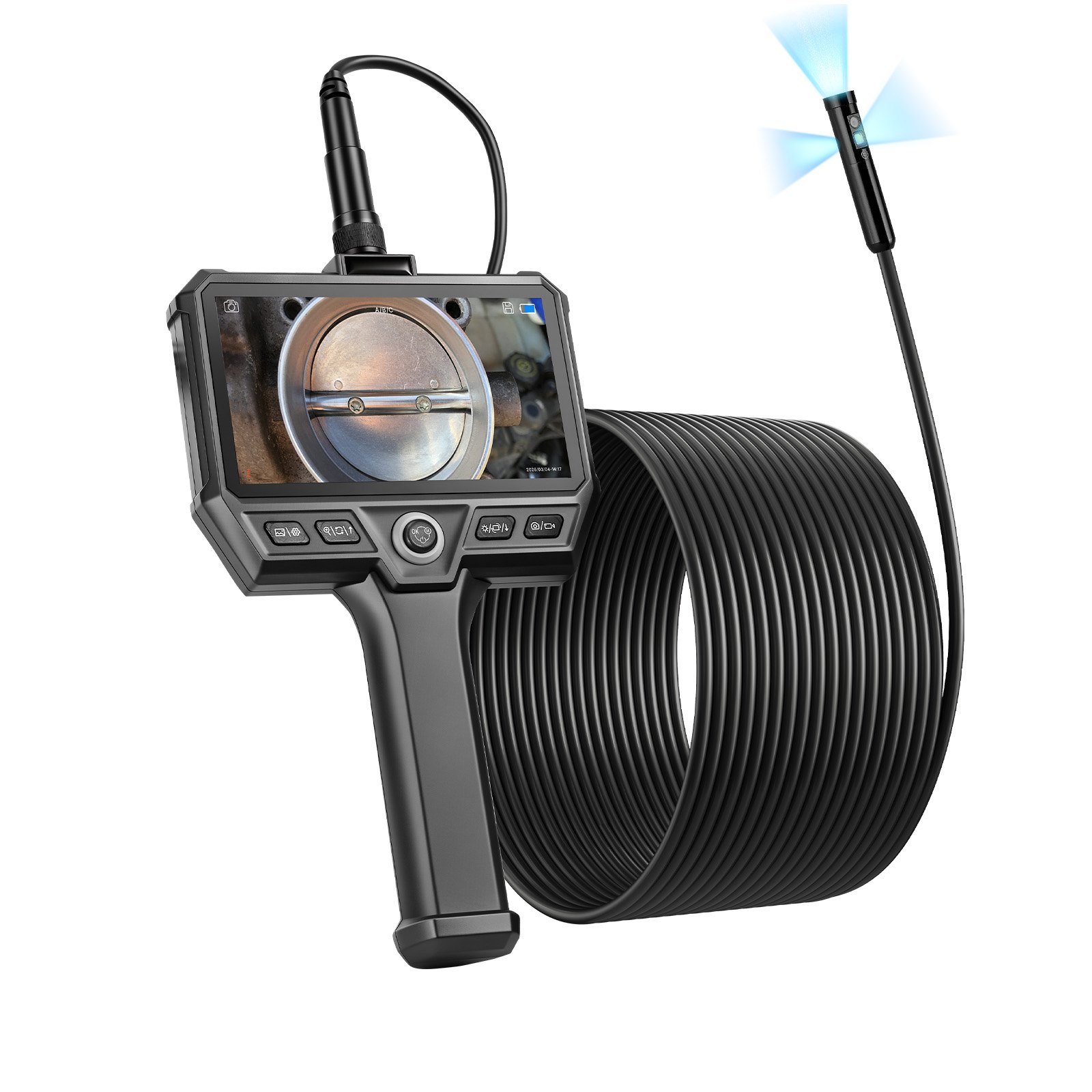 Endoscopio industrial de triple lente, cable 32.8 pies, pantalla HD IPS 5 pulgadas, IP67