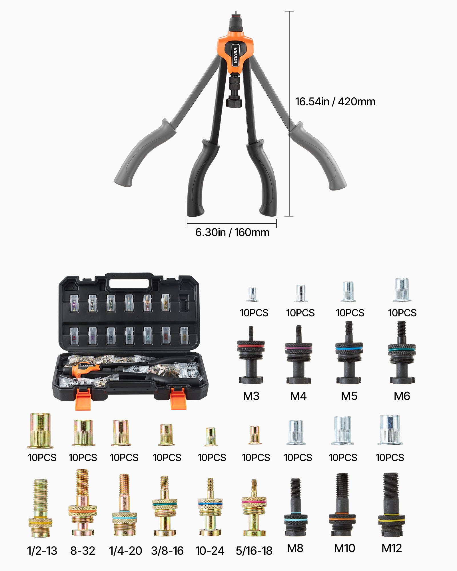 Rivet Nut Tool Kit, 17-Inch Rivnut Tool Kit, With 13 Mandrels And 130 Nuts, Metric And SAE Size M3, M4, M5, M6, M8, M10, M12, 1/2-13, 8-32, 10-24, 1/4-20, 5/16-18, 3/8-16 UNC, A Carrying Case