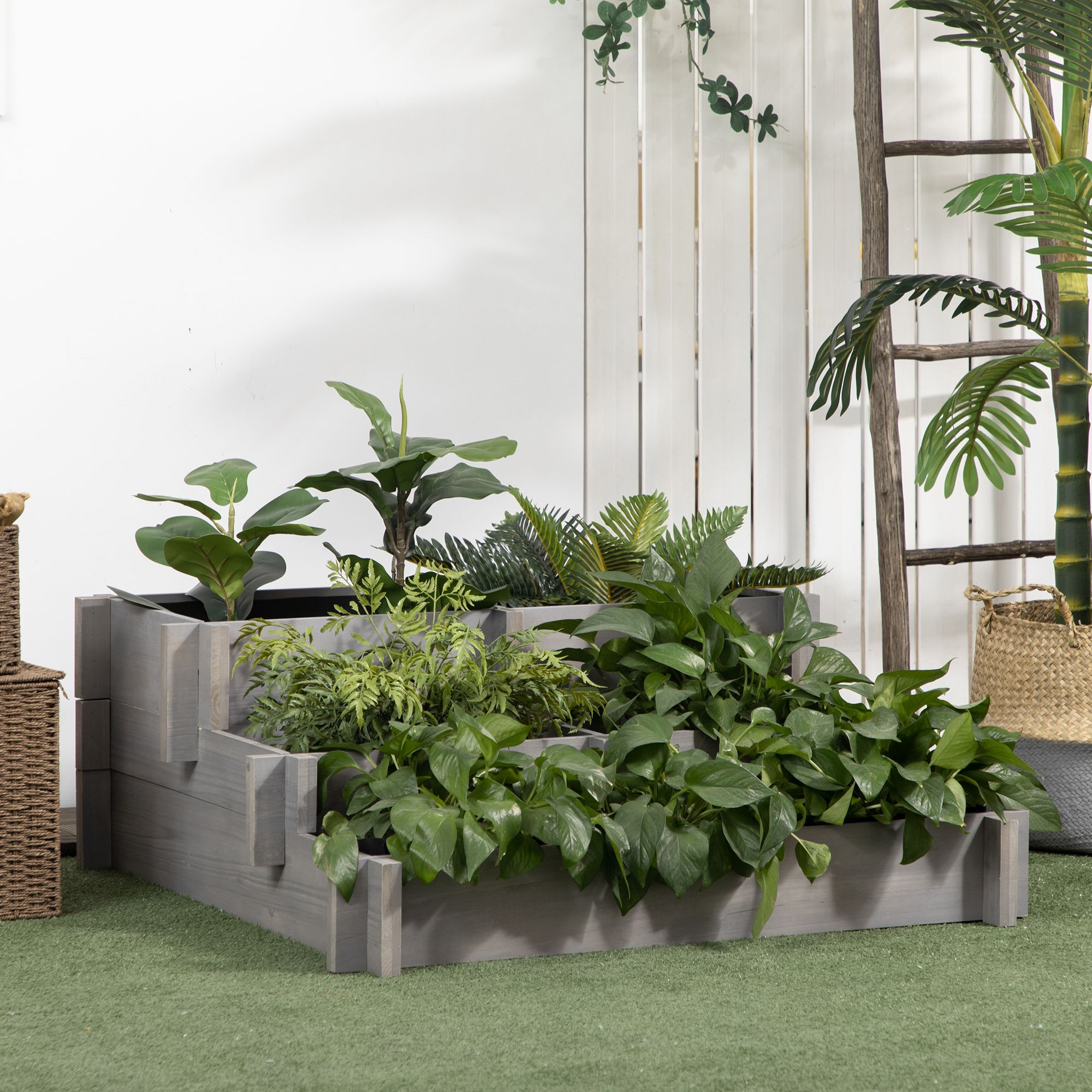 Cama de jardín elevada de madera de 3 niveles con drenaje para verduras y hierbas, gris