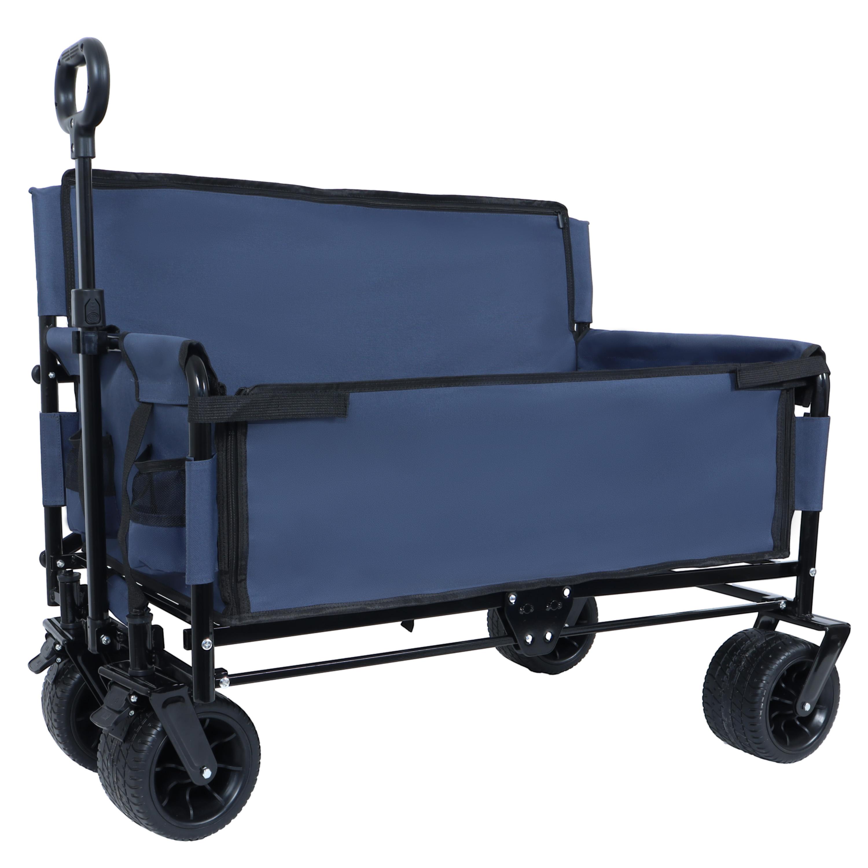Carro plegable 3 en 1 con asiento, 500 libras, 180 litros, ruedas todo terreno, azul.