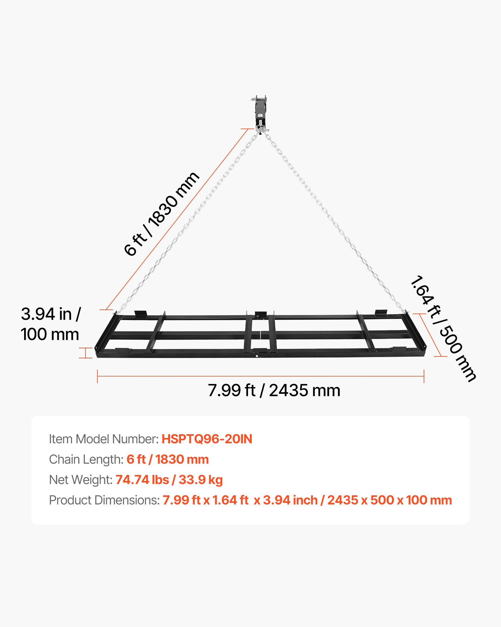 Drag Harrow, 96 X 20 In, Tow-Behind Driveway Grader With Adjustable Width & 50lbs Load Capacity, Heavy Duty Lawn Leveling Rake, Galvanized Steel Gravel Driveway Drag, Fits ATVs UTVs Tractors