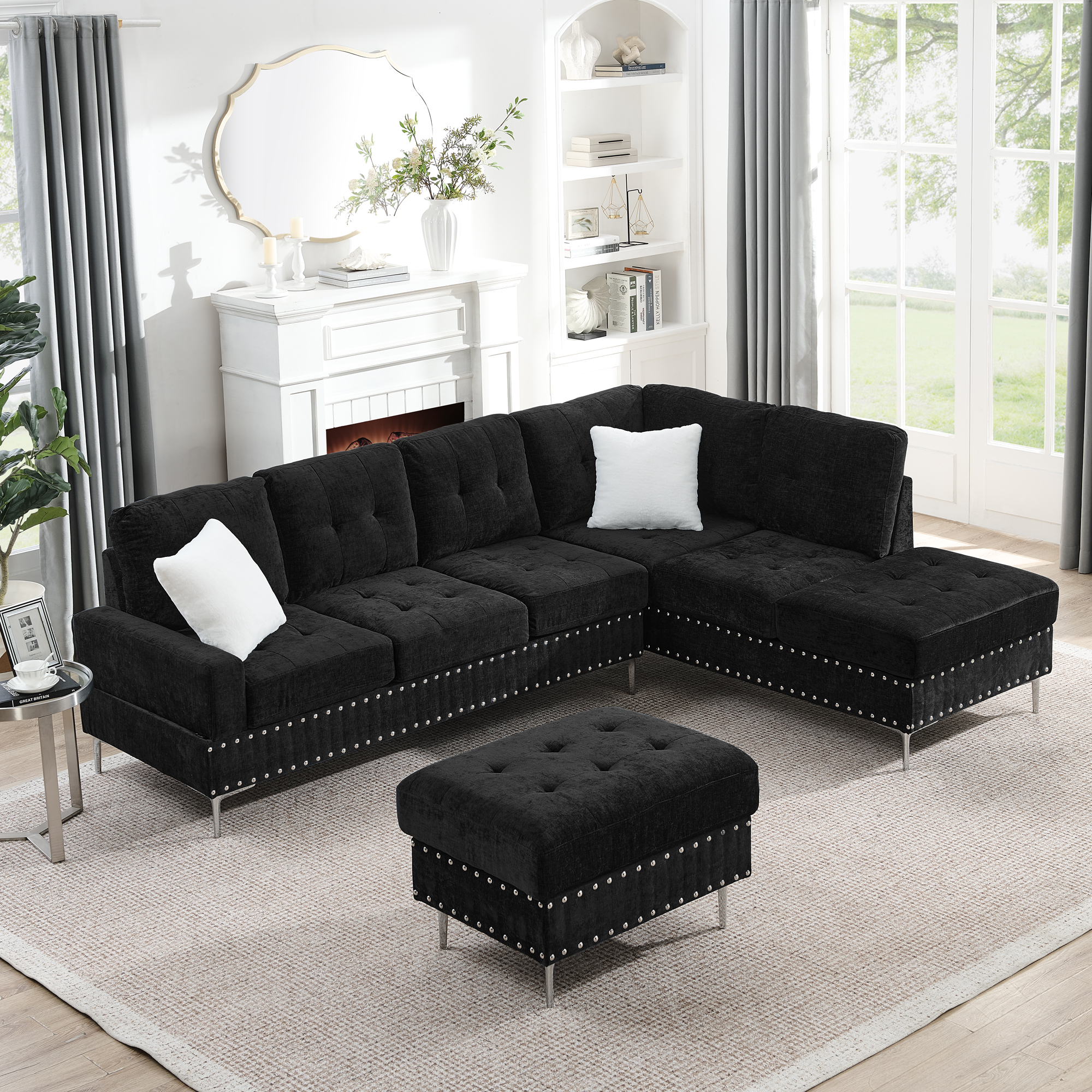Sectional 3-Seaters Sofa With Chaise, Storage Ottoman, Metal Legs And Copper Nails,Two White Pillows ,Black 102 X 76X35
